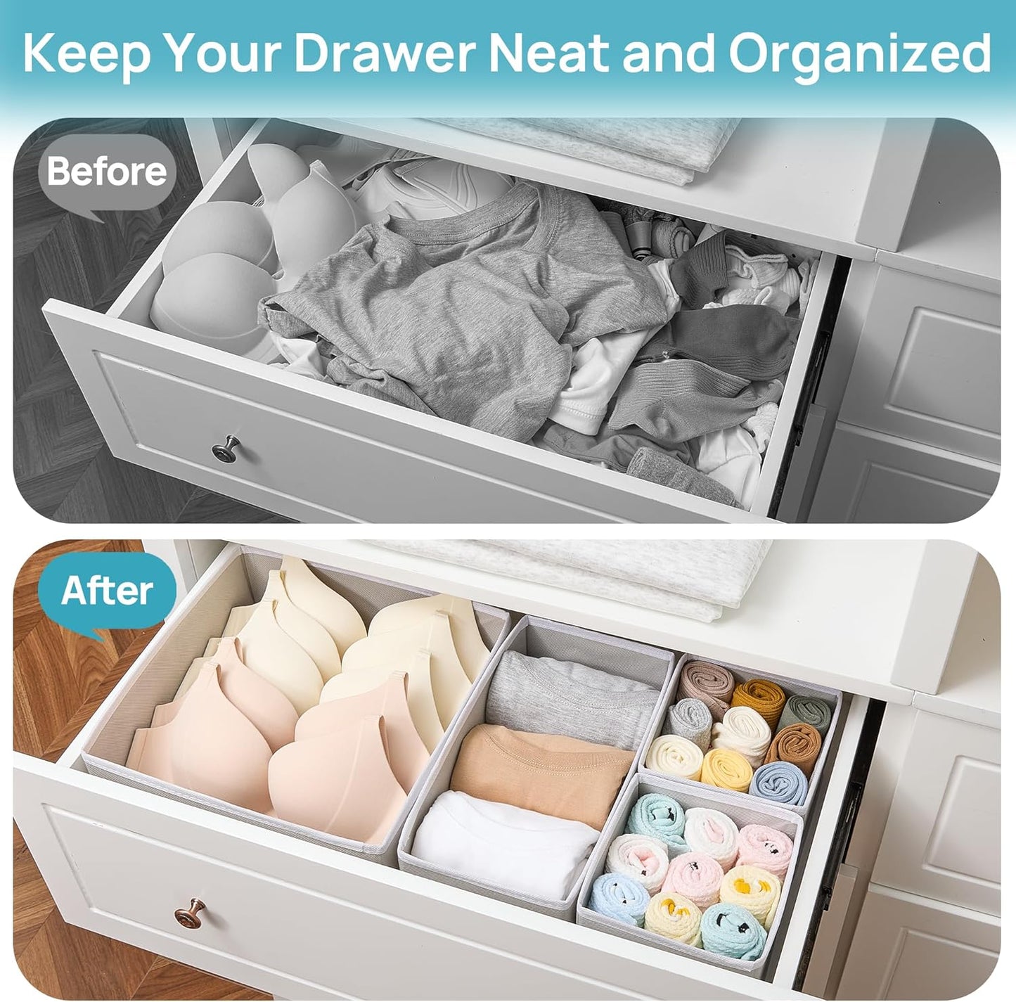 Vtopmart 12 Pack Baby Clothes Organizer, Dresser Drawer Organizer for Baby Clothing, Foldable Fabric Closet Drawer Storage Bins, Dresser Dividers for Bra, Socks, Ties, Scarf