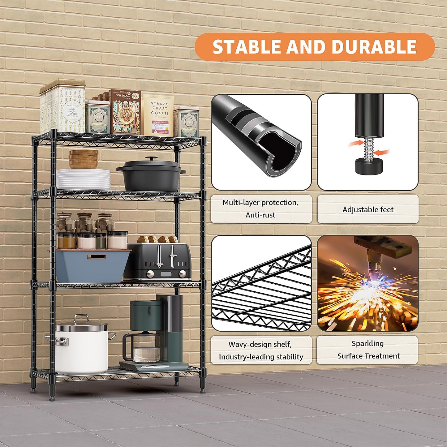 1400 lbs 4 Tier Storage Rack Metal Wire Shelving Unit, Storage Standing Household Shelf Organizer for Kitchen Pantry Closet Garage Basement Utility Room, Black 15.8" D x 45.3" W x 59.4" H