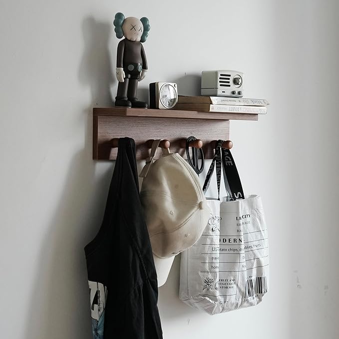 Entrance Coat Rack ,Coat Hooks, Wall-Mounted Wooden Hook Rack, Wall-Mounted Shelves are Very Suitable (Teak Colored Finish)