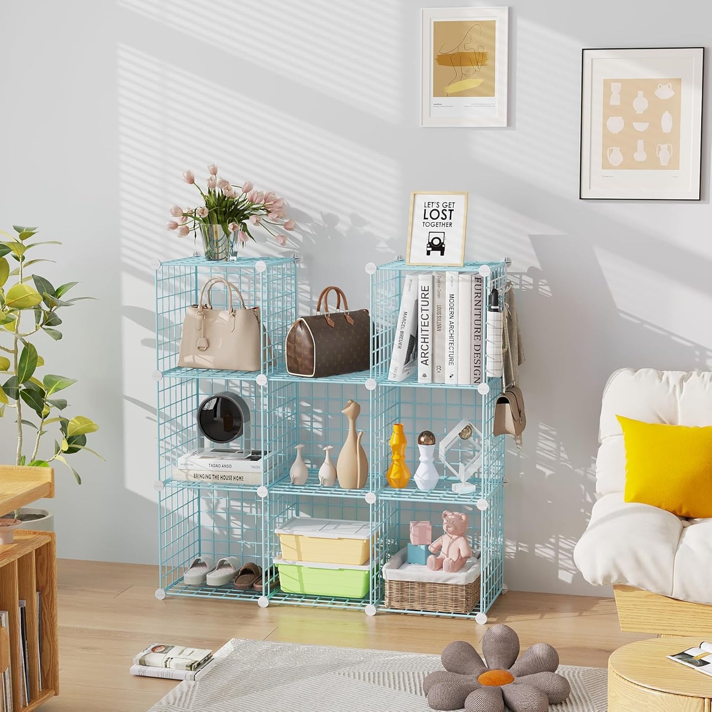 C&AHOME Wire Cube Storage, 8 - Cube Organizer Metal C Grids, Modular Shelves Units, Closet Organizer, Ideal for Home, Office, Living Room, 24.8" L x 12.4" W x 48.4" H, Blue UWCS3008B