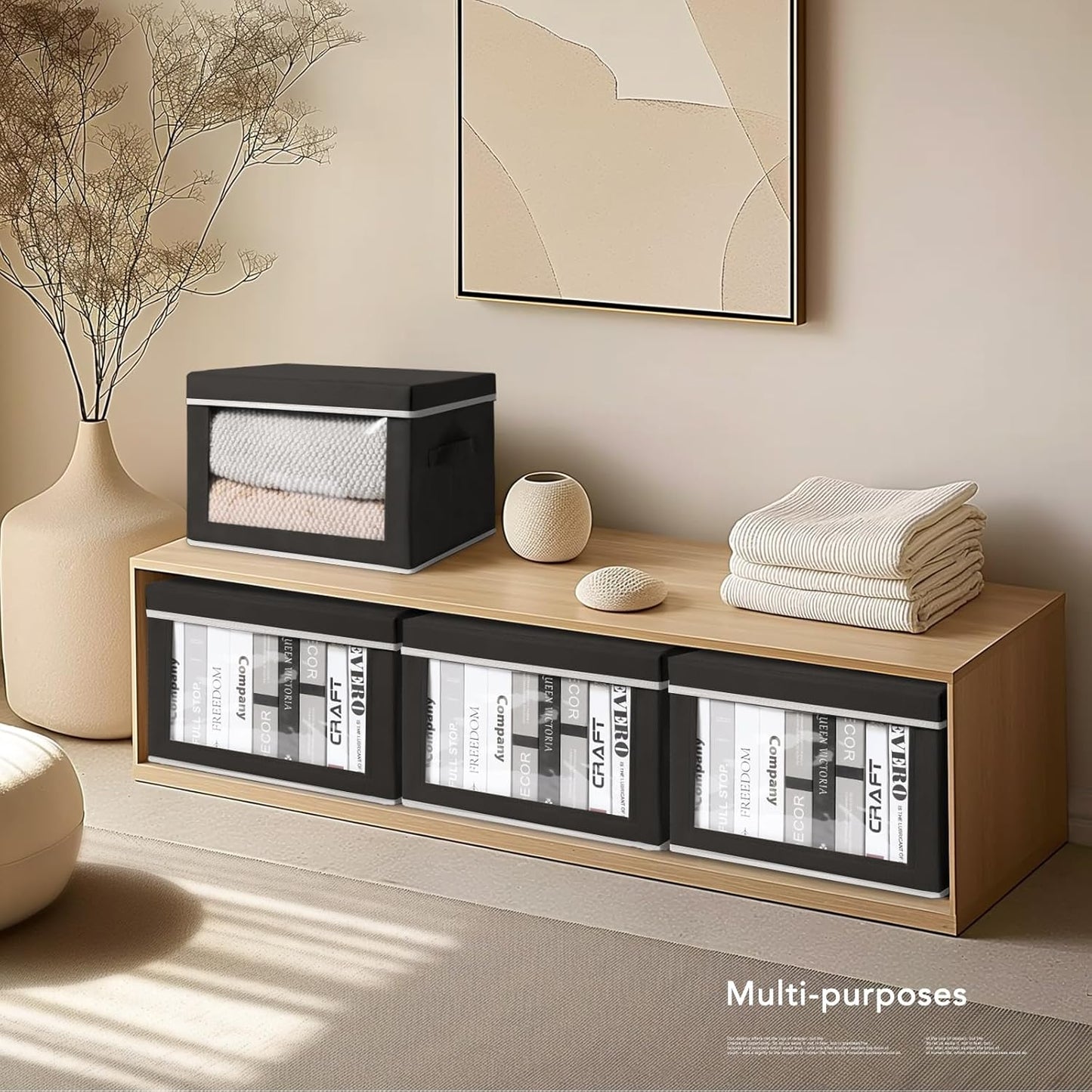 Large Storage Baskets Bins with Lids - Stackable Cube Bins for Closet, 3 Pack Black Windows Organizer Bins, Home Organizers and Storage for Clothes, CD, Towels