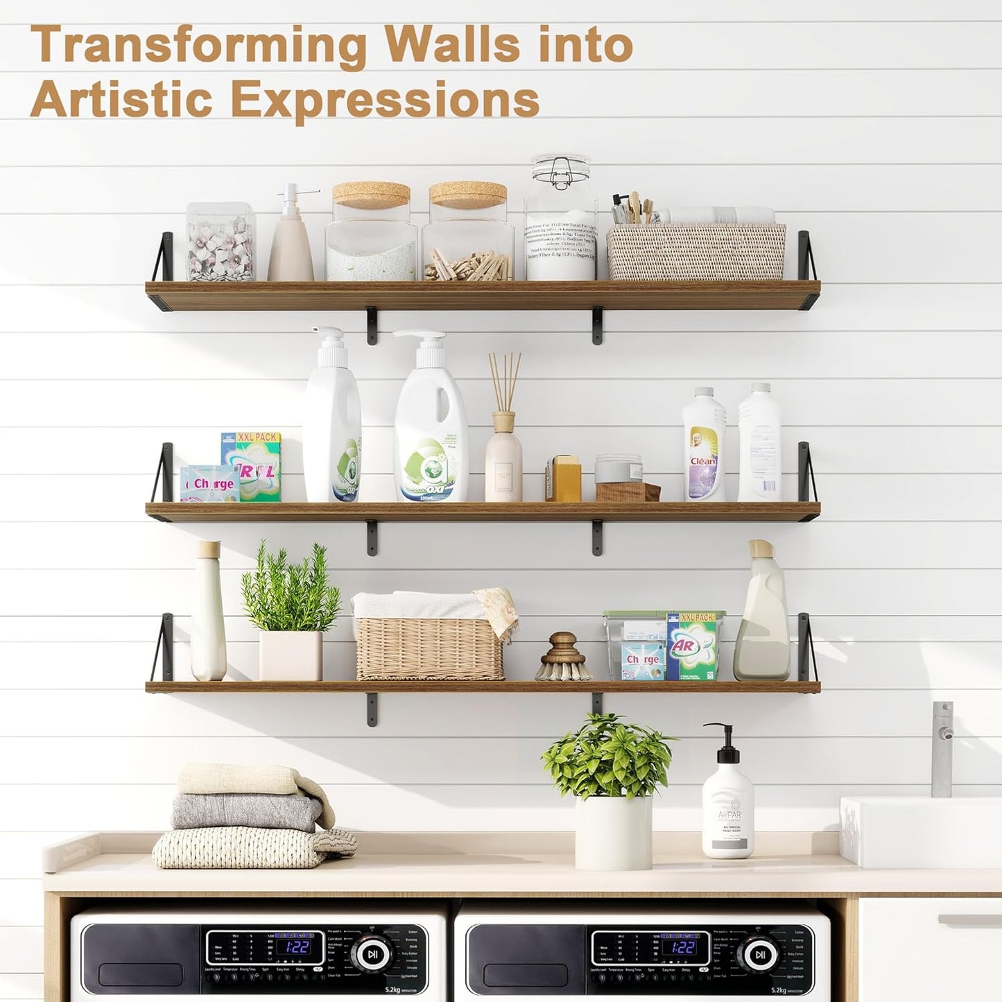 Fun Memories Extra Long Floating Wall Shelves, 48 x 8 Inches, Set of 3 Large Wood Floating Bookshelves with Metal Brackets for Storage & Display (Walnut)