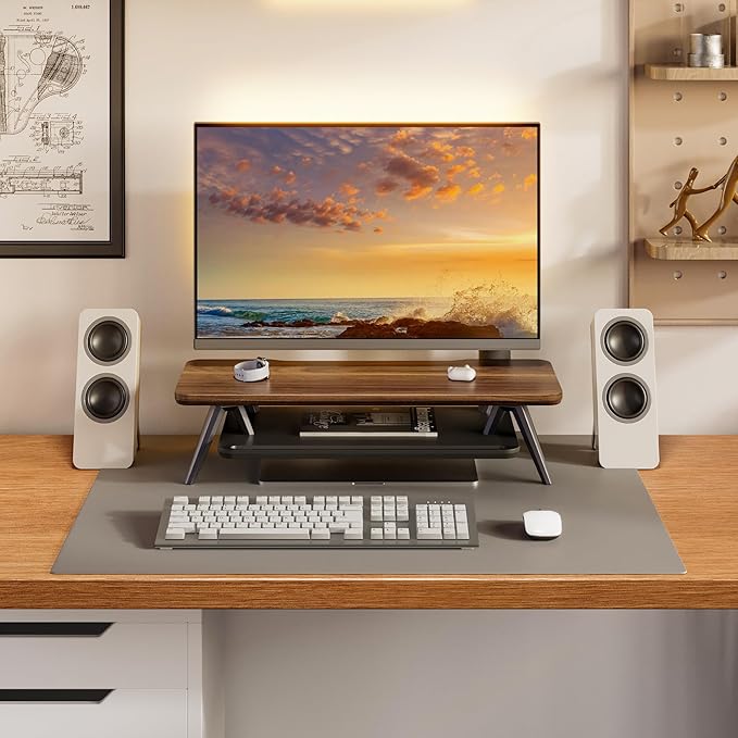 Fenge Monitor Stand, Monitor Stands Riser for Desk, 23.6 Inch Wood Desk Shelf with Storage Organizer and Cable Management for Office Desk Accessories