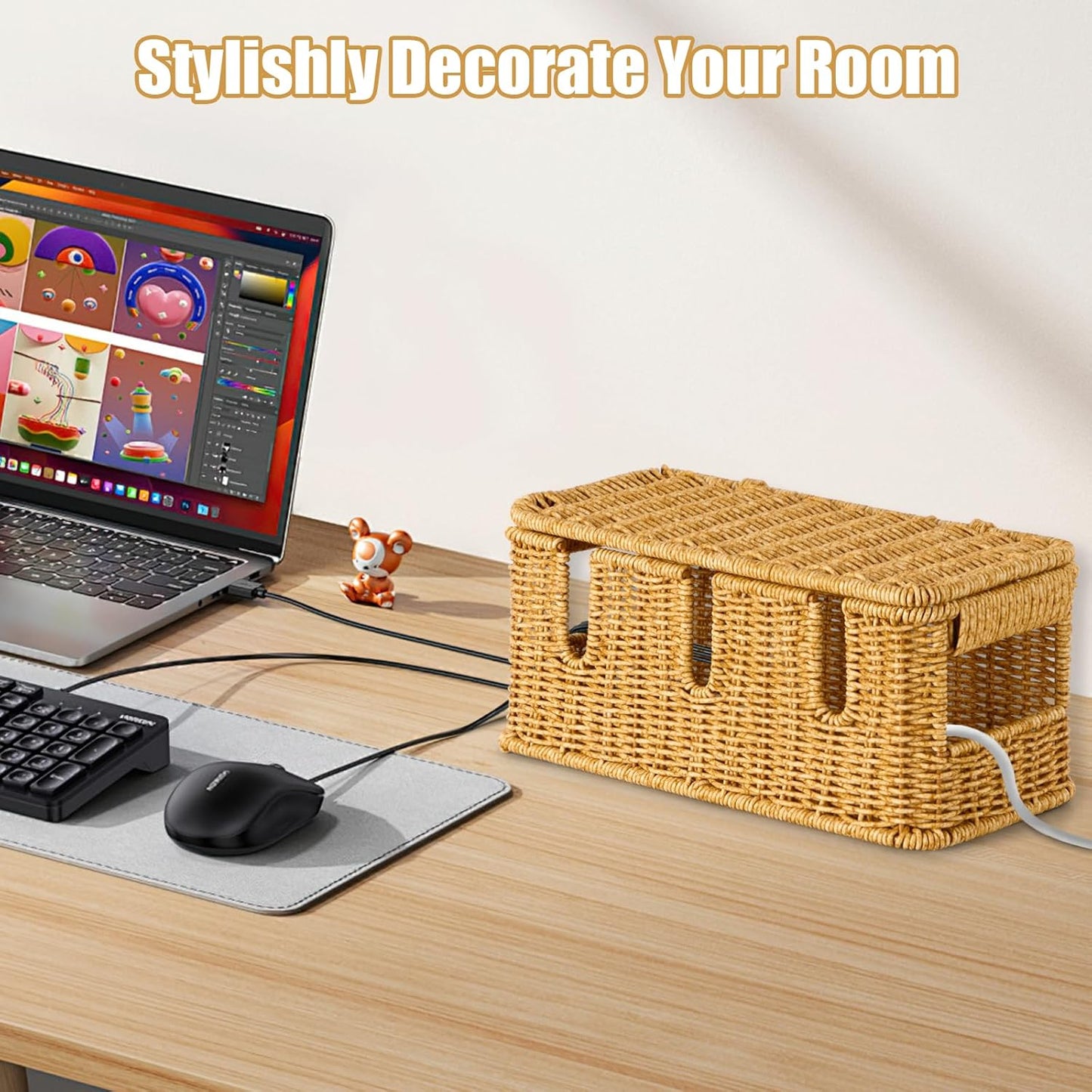 Handmade Cable Management Box,Imitation Rattan Cord Organizer with Lid,Extra 3 Open Slots Cord Hider for TV Wires Computer Router USB Hub,Cable Organizer Box to Hide Cords and Power Strips
