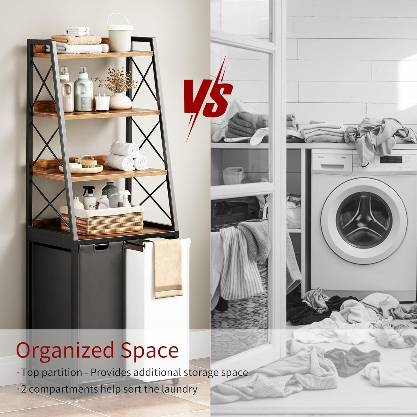 Laundry Basket, 2 Section Laundry Hamper with 4 Tiers Shelf, Pull-Out and Removable Laundry Bags, Large 2 x 15.87 Gallons, for Bedroom Bathroom Rustic Brown PF11XLN