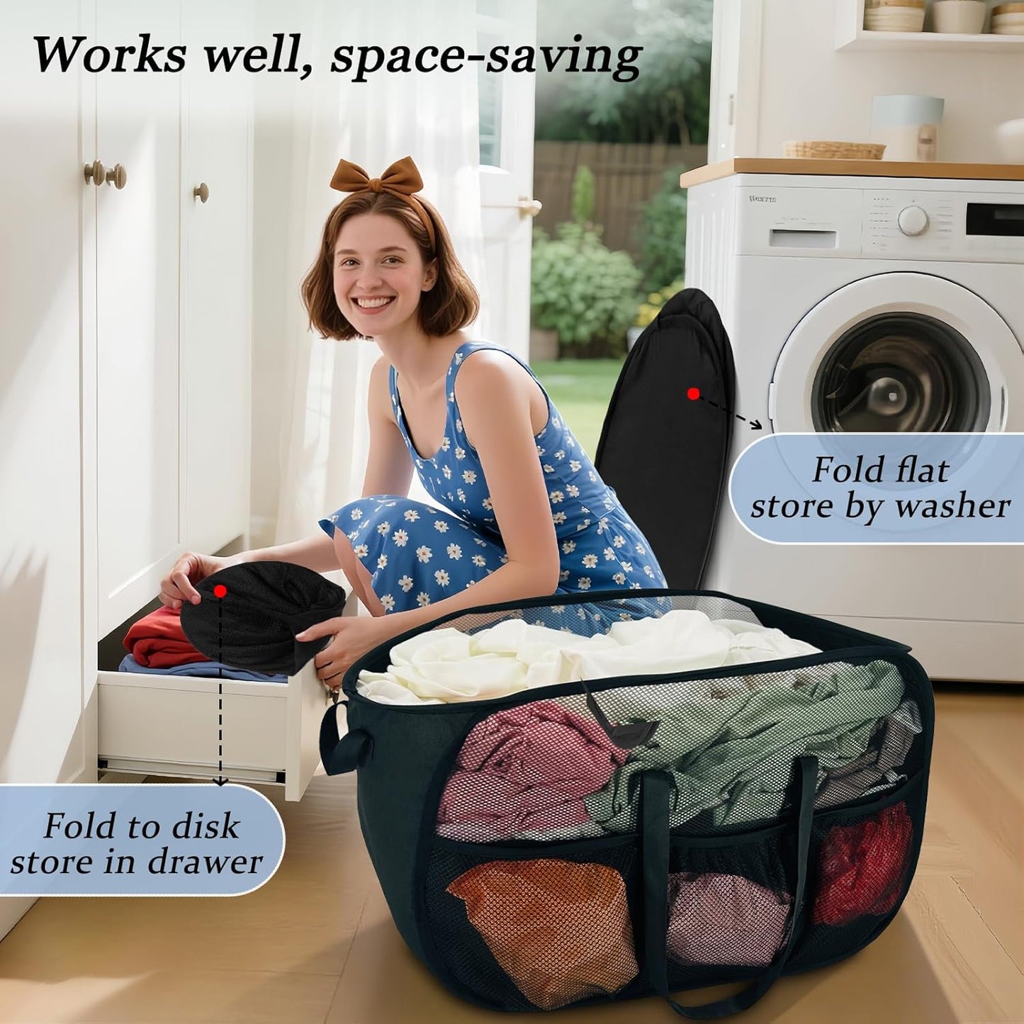 100L Extra Large Mesh Pop Up Hamper with Handles and bag,Upgraded Cationic XL Collapsible Laundry Baskets, Portable Stair Basket, Dirty Clothes Hamper for Cruise Travel Bedroom. Black