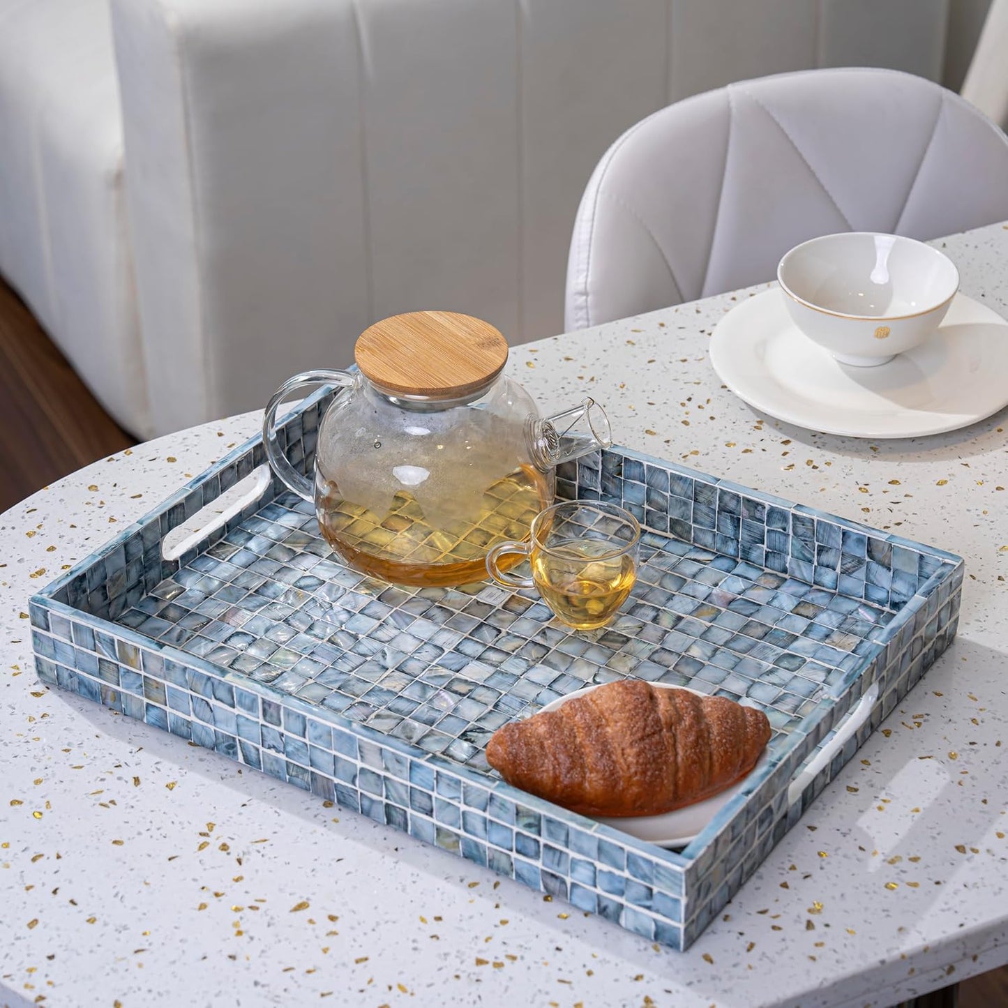 PEMAR Rectangular Mother of Pearl Serving Tray Nacre Wood Lap Ottoman Tray for Coffee Table, Luxury Decorative Handmade Eating Platters w Insert Handles (Blue)