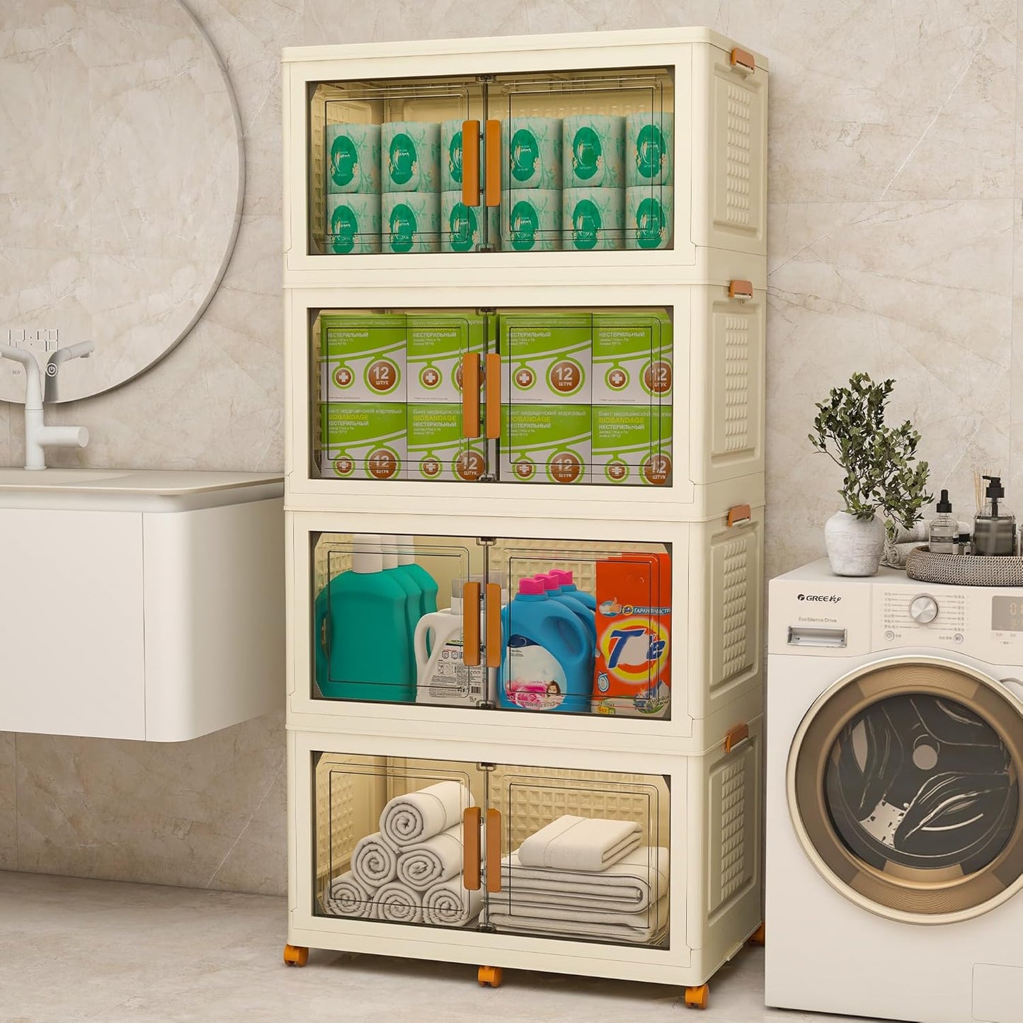 Plastic Stackable Storage Bins with Lids and Wheels, Foldable Closet Organizers and Storage Containers, Collapsible Clear Drawer Storage Cabinet with Doors White 152Gal