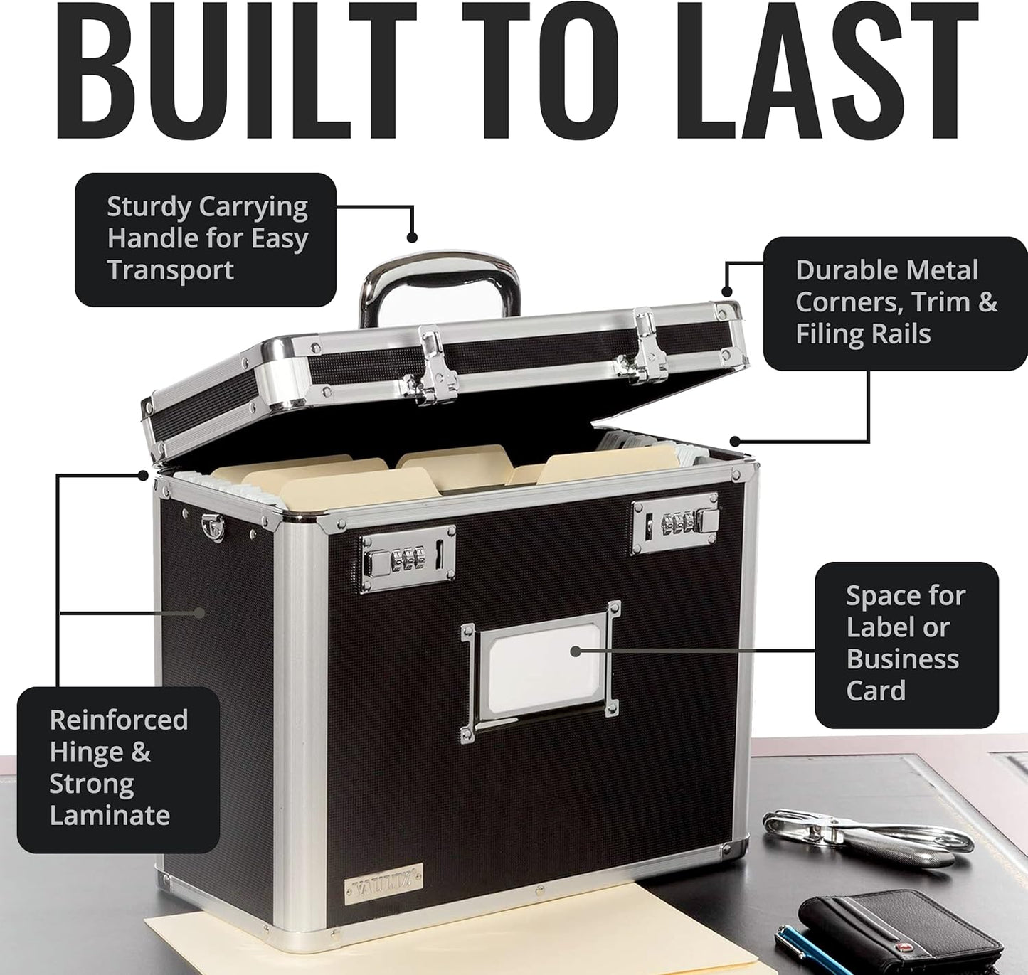 Vaultz File Organizer Storage Box - 14 x 7 x 12.19 Inch Letter Size, Portable Locking Storage Totes with Dual Combination Locks for Filing Office Documents - Black