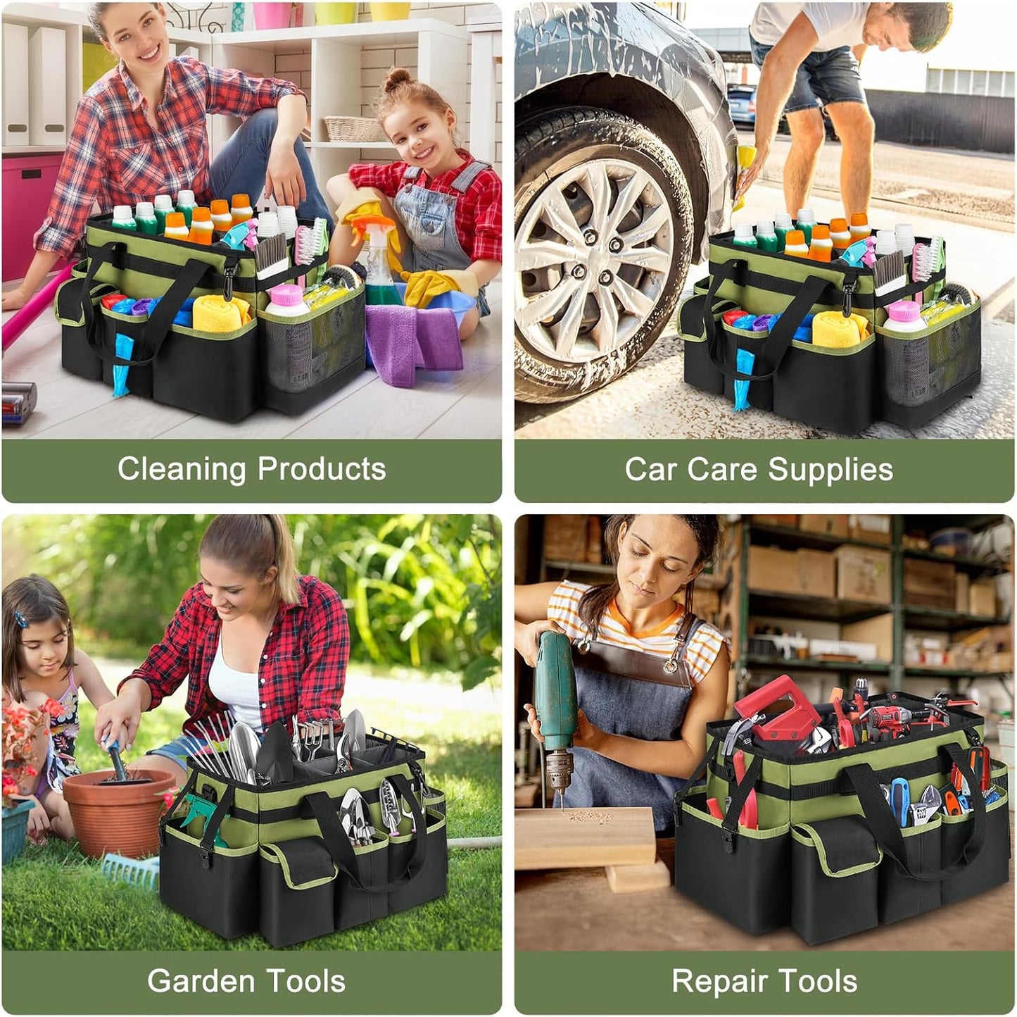 Cleaning Caddy,Large Cleaning Bags for Housekeepers,Cleaning Supplies Organizer with Handle,Green