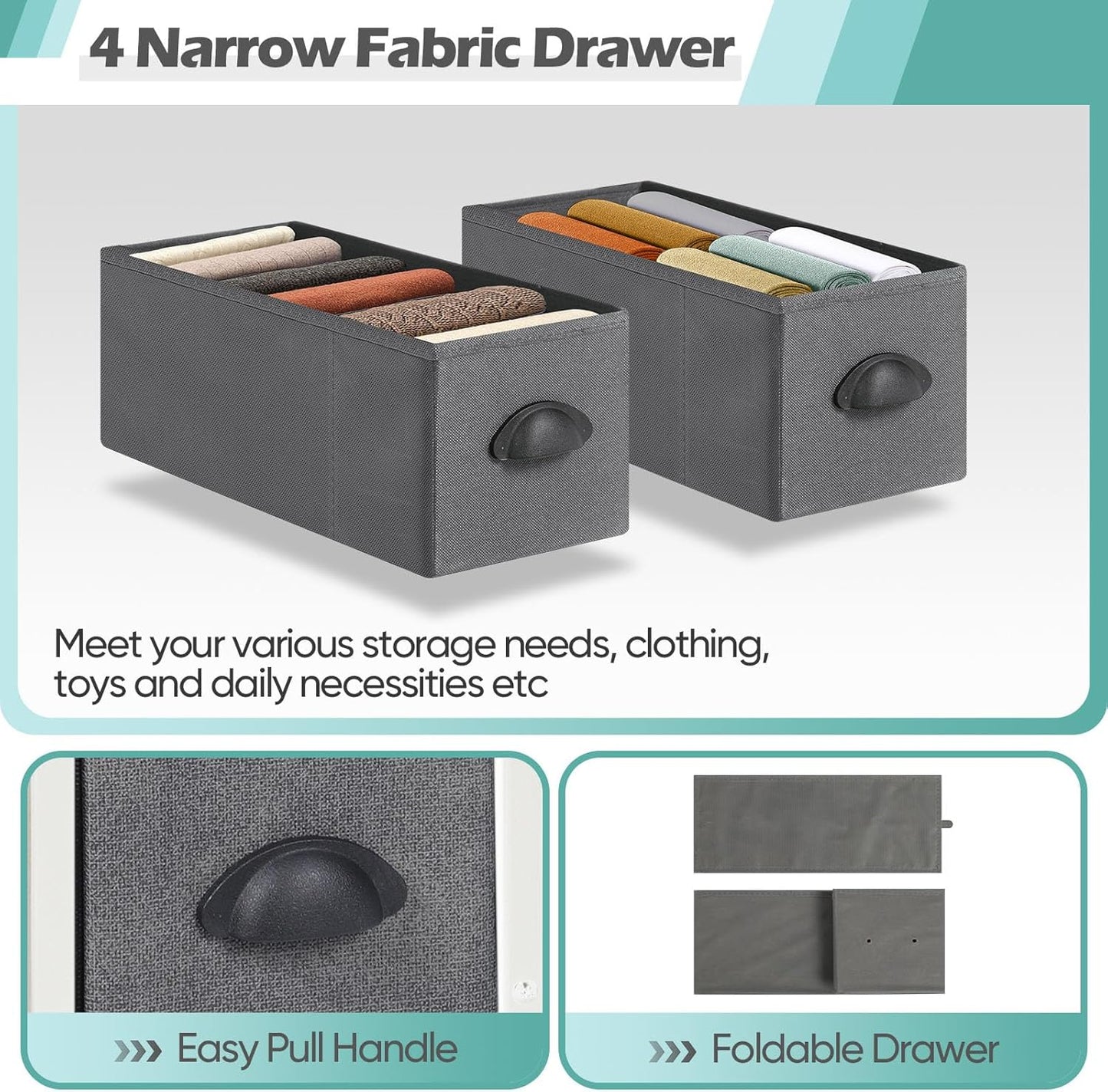 MOOACE Narrow Dresser with 4 Drawers, Dresser for Bedroom, Small Fabric Dresser Vertical Storage Tower Standing, Steel Frame & Wooden Top Chest of Drawers for Bedroom, Bathroom & Laundry