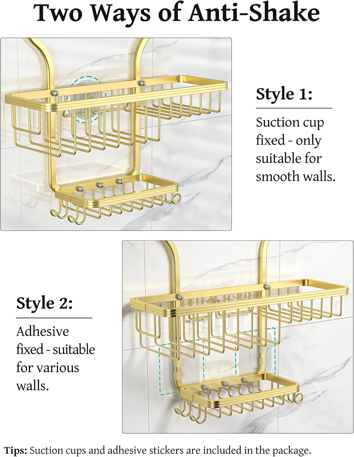YASONIC Shower Caddy Over Shower Head Never Rust Aluminum Large Hanging Shower Caddy with 10 Hooks for Razor/Sponge - Over The Shower Head Caddy with Soap Basket - Hanging Shower Organizer Gold