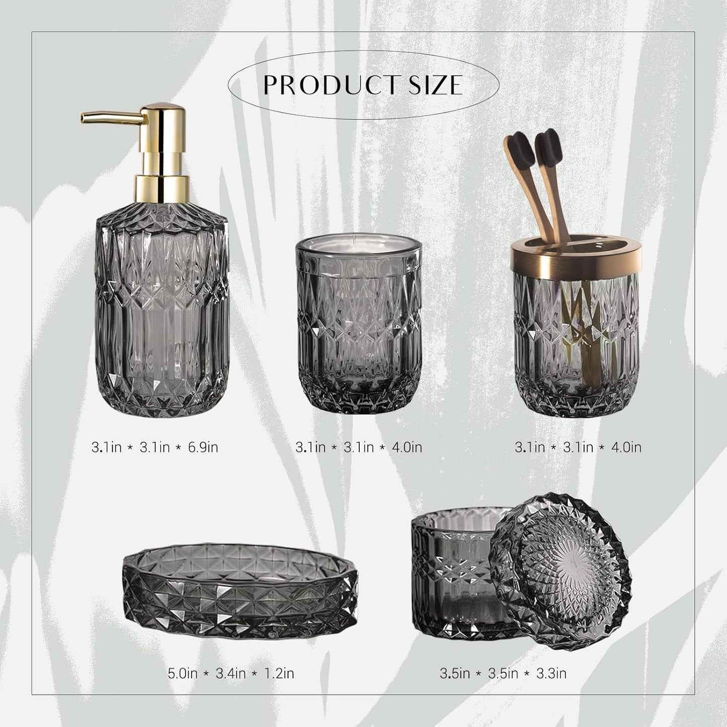 EMPO 6PCS Bathroom Clear Glass Accessories Set (Lotion Soap Dispenser, Soap Dish, Toothbrush Holder, Tumbler, Cotton Swab Jar) Contemporary Modern Decor Crystal Clear Vintage Gift (6pcs Gray)