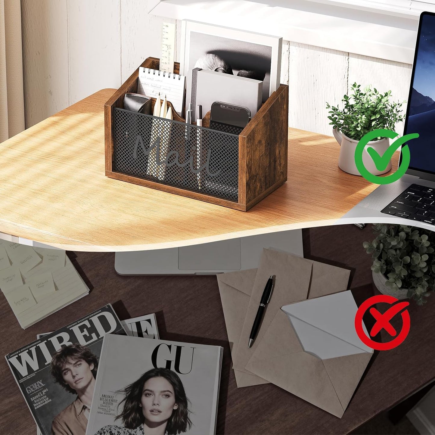 Mail Organizer Countertop, Mail Holder with 3 Slots, Mail Sorter for Desk, Wooden Office Desk Organizer, Mail Organizer for Magazines, Files, Papers, Folders, Rustic Brown and Black MR03BR