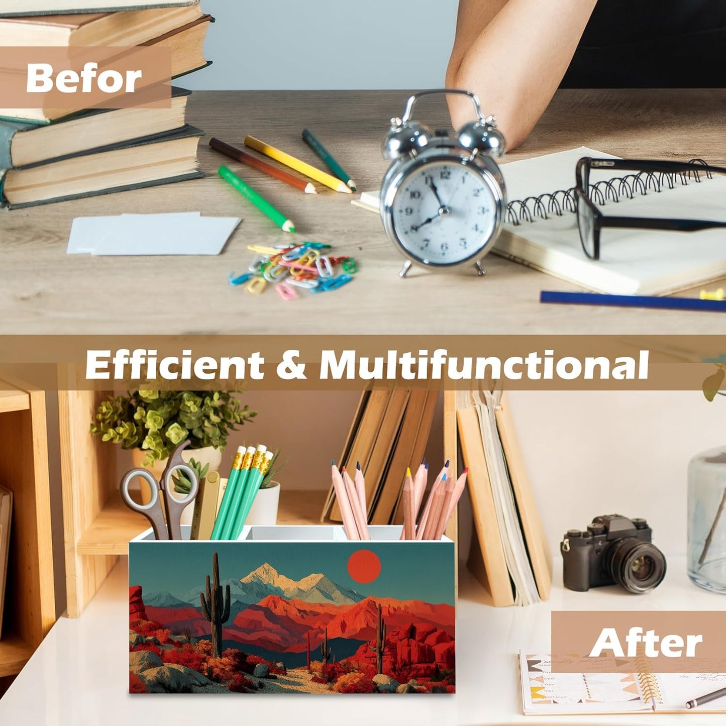 DILSJ Western Boho Pen Pencil Holder Organizer for Desk, Boho Office Decor, Western Mountain Desert Cactus Landscape Wooden Box Signs for Home Office Desk Tabletop Decoration