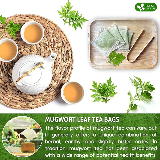 FreshDrinkUS, Premium 45 Mugwort Leaf Tea Bags, 100% Natural and Pure Mugwort Leaves. No Sugar, No Caffeine, No Gluten, Vegan. (45 Tea Bags)