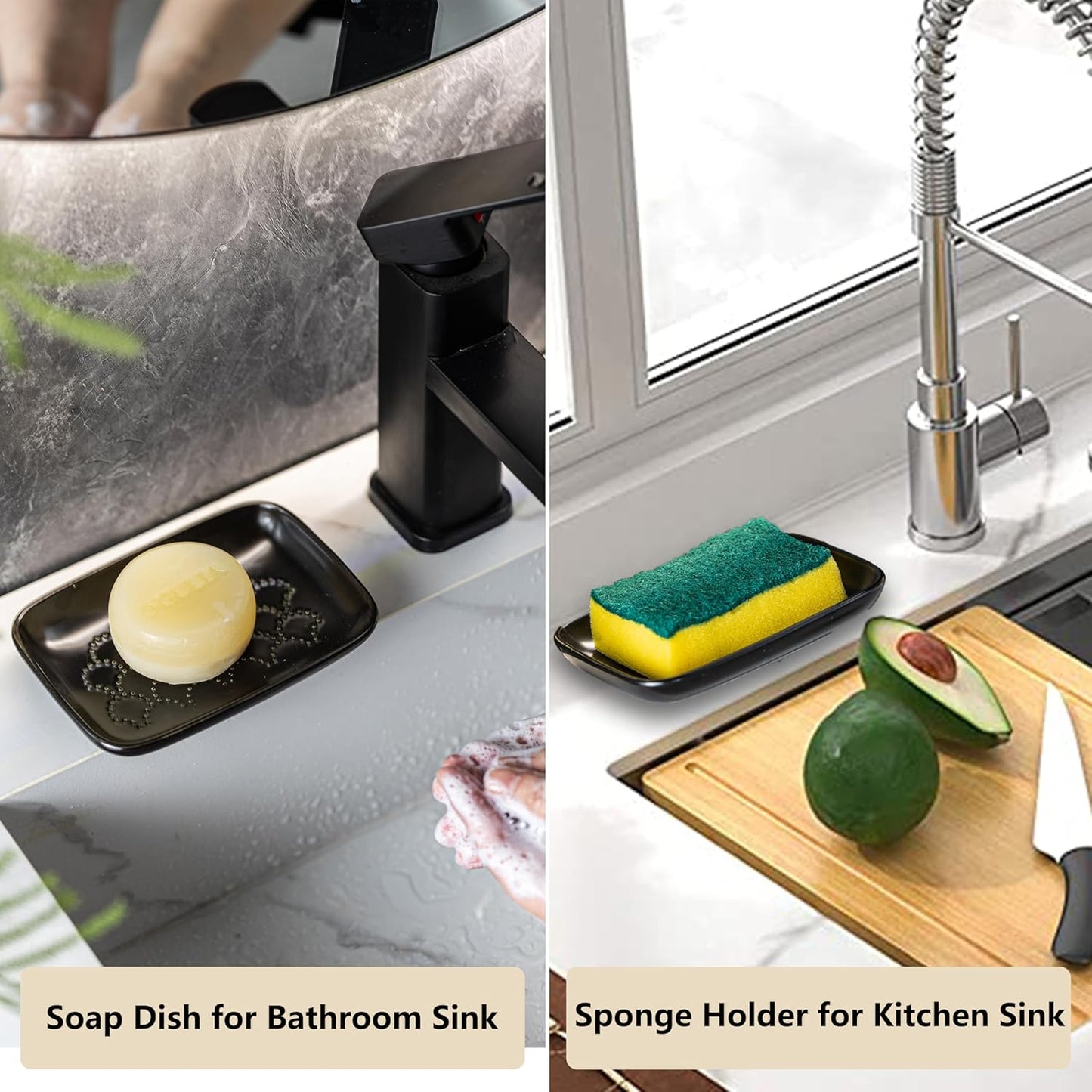 Gomakren Soap Dish for Shower, Ceramic Soap Dishes for Bar Soap Sponge, Christmas Shower Soap Holder Saver Tray for Bathroom Kitchen Sink, Easy to Clean, Black