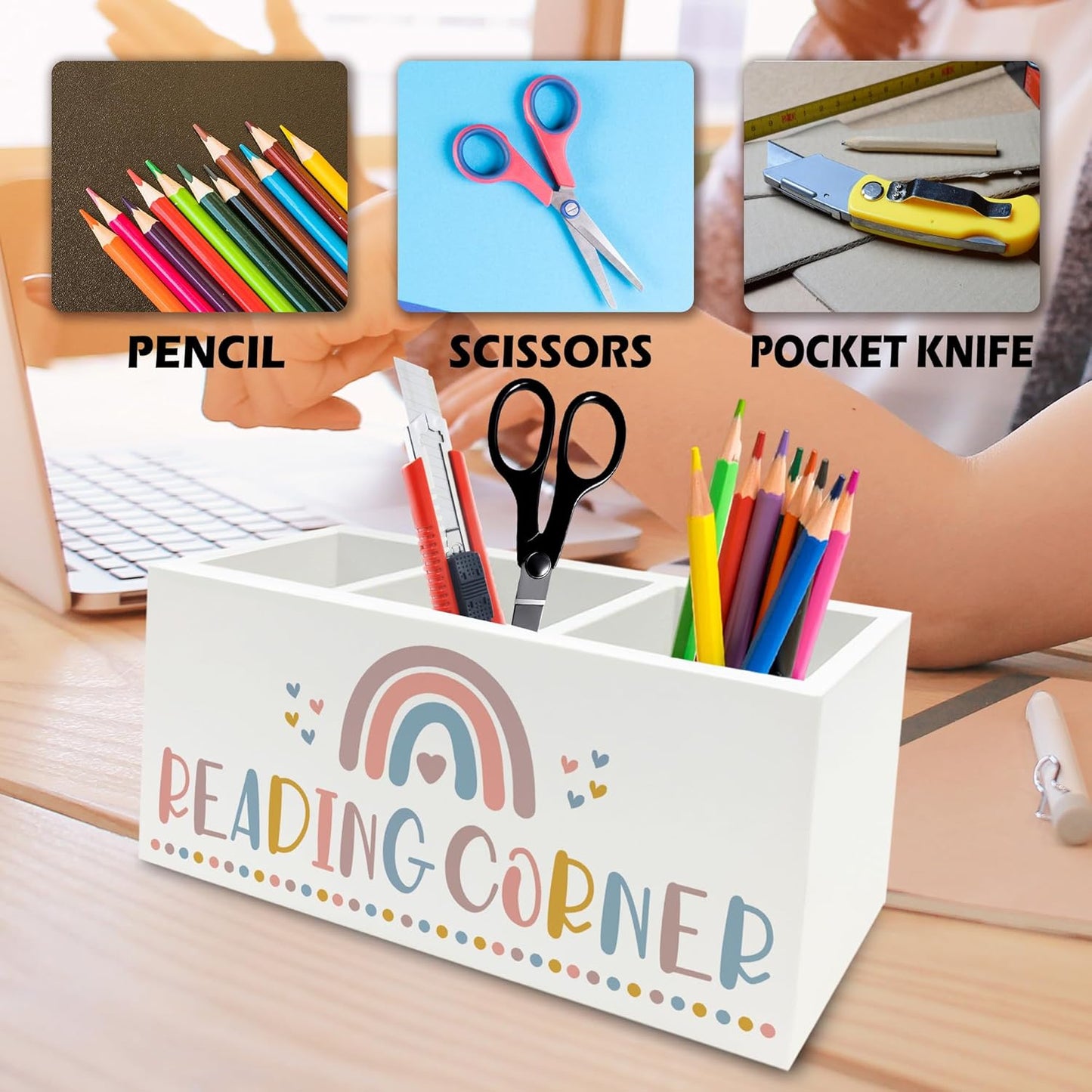 Boho Reading Corner Pen Pencil Holder Organizer for Desk, Boho Rainbow Bookish Wooden Box Signs Decorations for Reading Nook Corner Room Desk Tabletop, Book Lover Reader Gifts