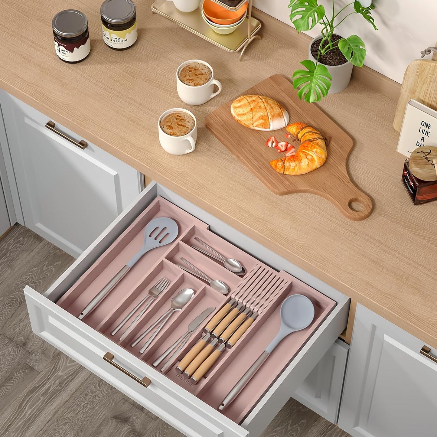 Bamboo-Silverware-Drawer-Organizer-Kitchen, Expandable Utensil Holder Cutlery Tray Flatware Organization Adjustable Wood Tableware Dividers Storage (with Removable Knife Block)(Grey Pink)