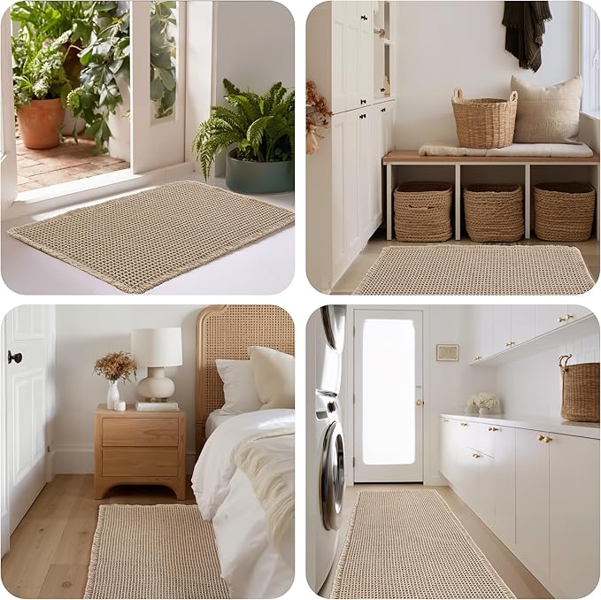 KGORGE Waffle Bath Mat, Non Slip 17" X 24" Farmhouse Ultra Soft Bathroom Rugs for Bathroom Decor, Boho Super Absorbent with Tassels Rubber Backed Shower Mats for Floor Bathtubs, Brown, 1pc