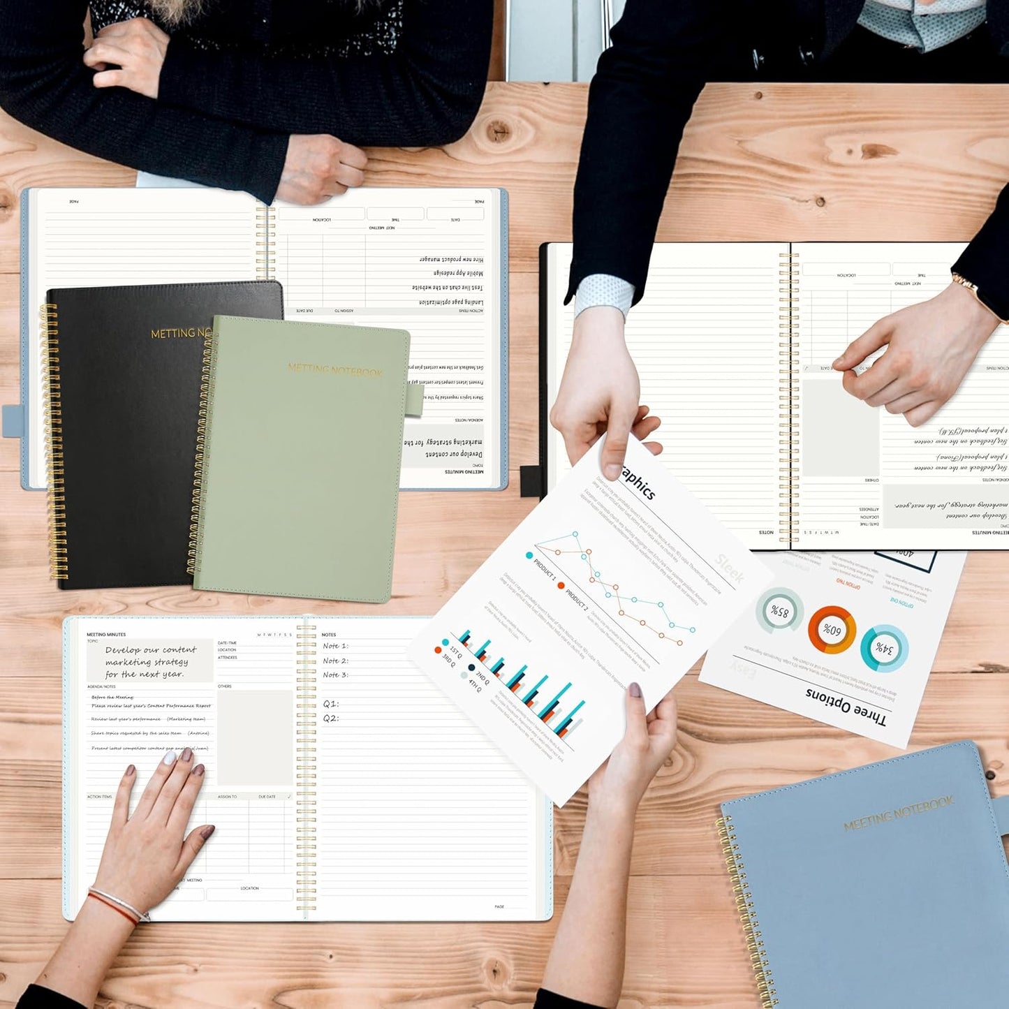 SUNEE Half Meeting Half Note - 8.5"x11" Professional Notebooks for Work - 160 Pages, A4 Size Project Planner, Spiral Meeting Agenda Organizer for Women Men, Note Taking,Office with Vegan Leather Cover