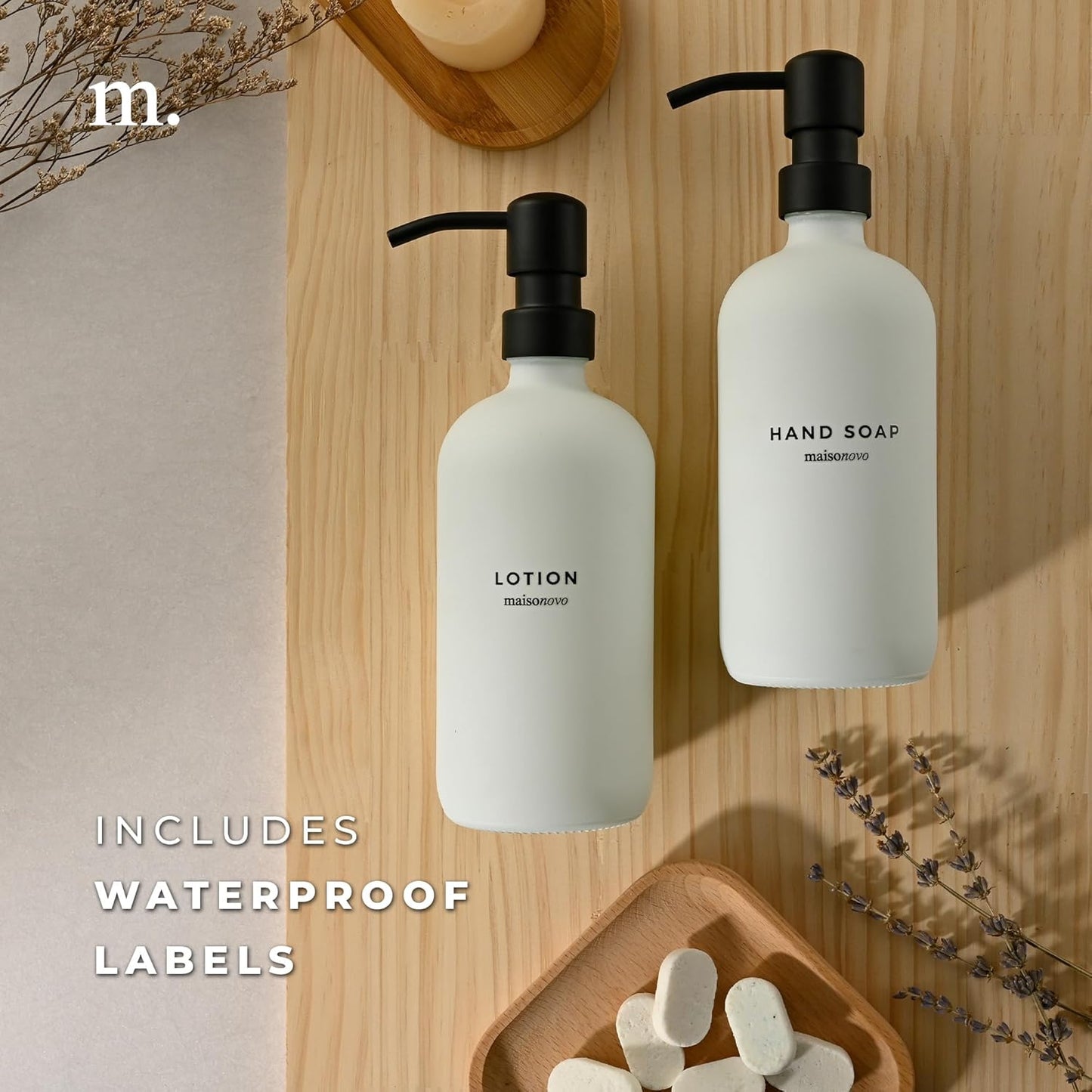 MaisoNovo Soap Dispenser 1-Piece Set | 16.9oz White Bottles with Black Stainless Steel Pump