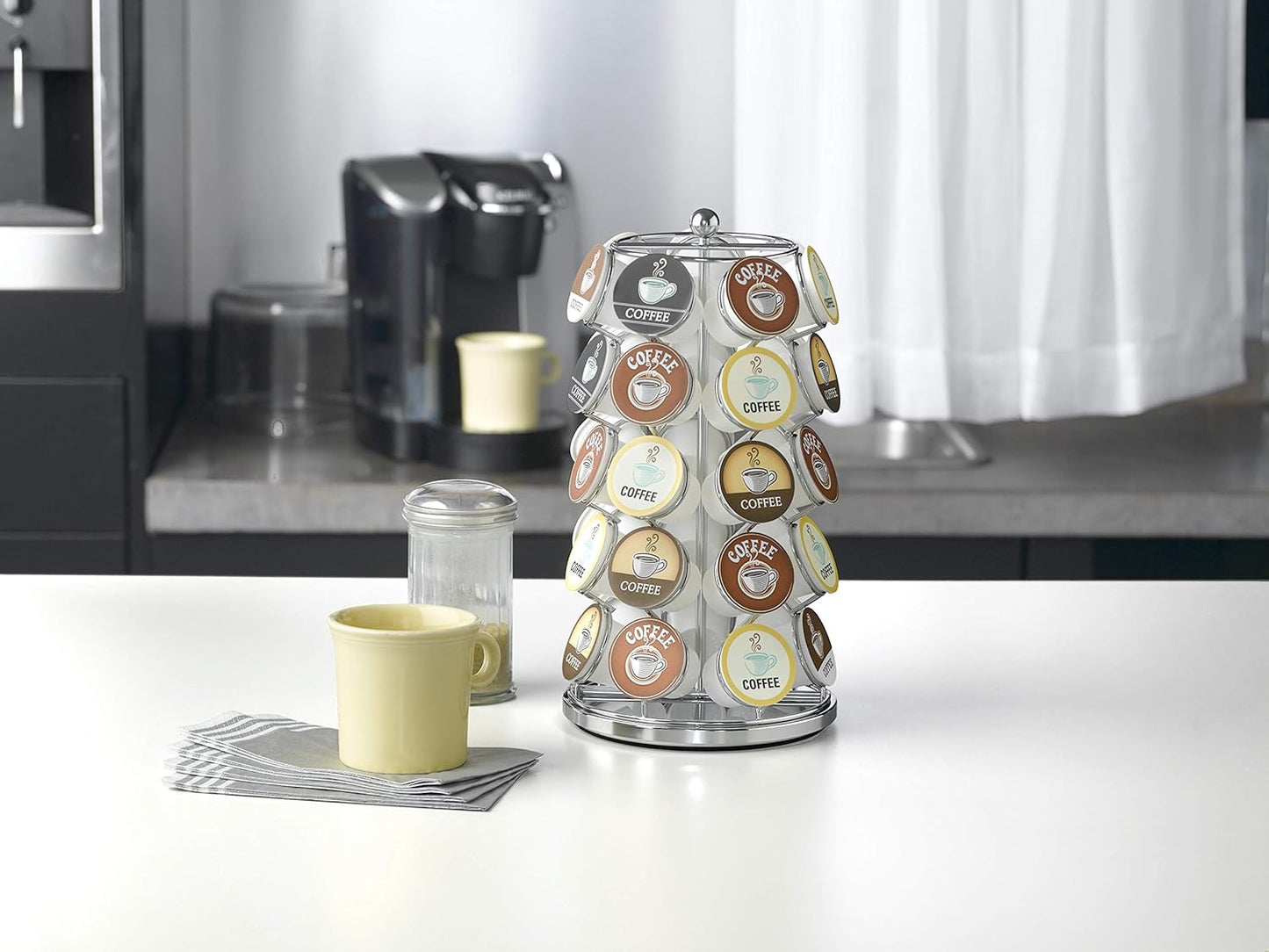 Nifty K Cup Holder – Compatible with K-Cups, Coffee Pod Carousel | 35 K Cup Holder, Spins 360-Degrees, Lazy Susan Platform, Modern Chrome Design, Home or Office Kitchen Counter Organizer