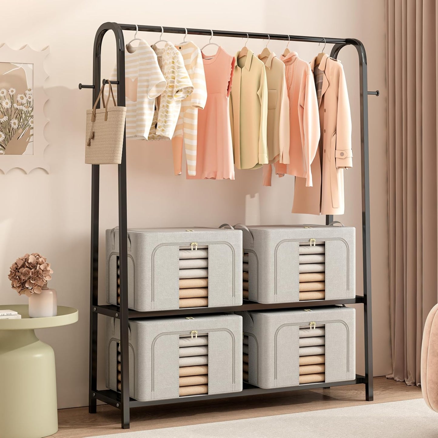 Pinkpum 3 Pack Clothes Storage Bins with Metal Frame, Closet Organizers and Storage Boxes, Stackable & Foldable Clothes Organizer Bags with Large Clear Window & Long Carry Handles, Beige 40L