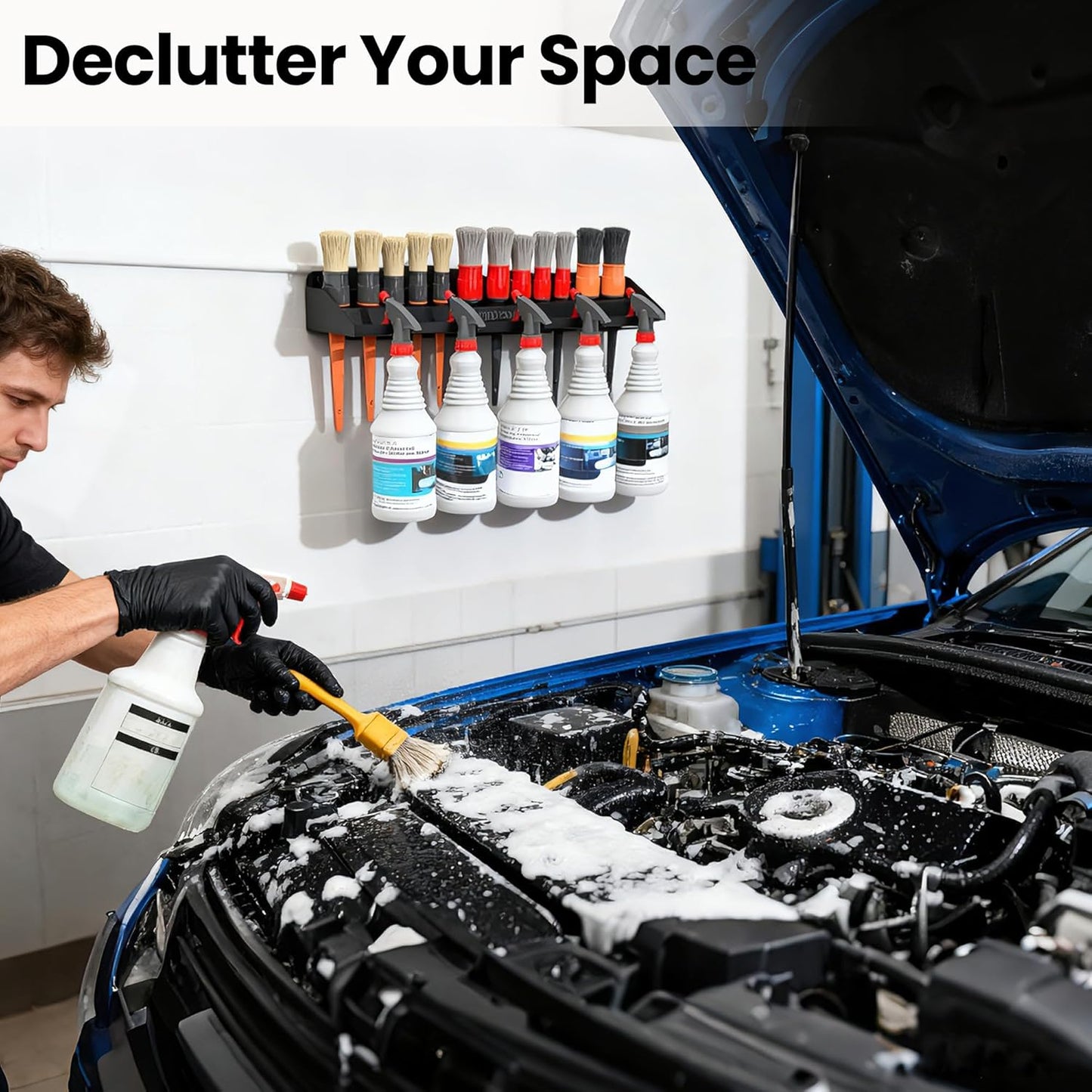 UNITEDPOWER Brush and Trigger Bottle Holder, Wall Mount Storage Rack Organizer for Auto Repair Shops Car Washes And Home Garages, Stores up to 12 Detailing Brushes & Hanging Rail for Bottles