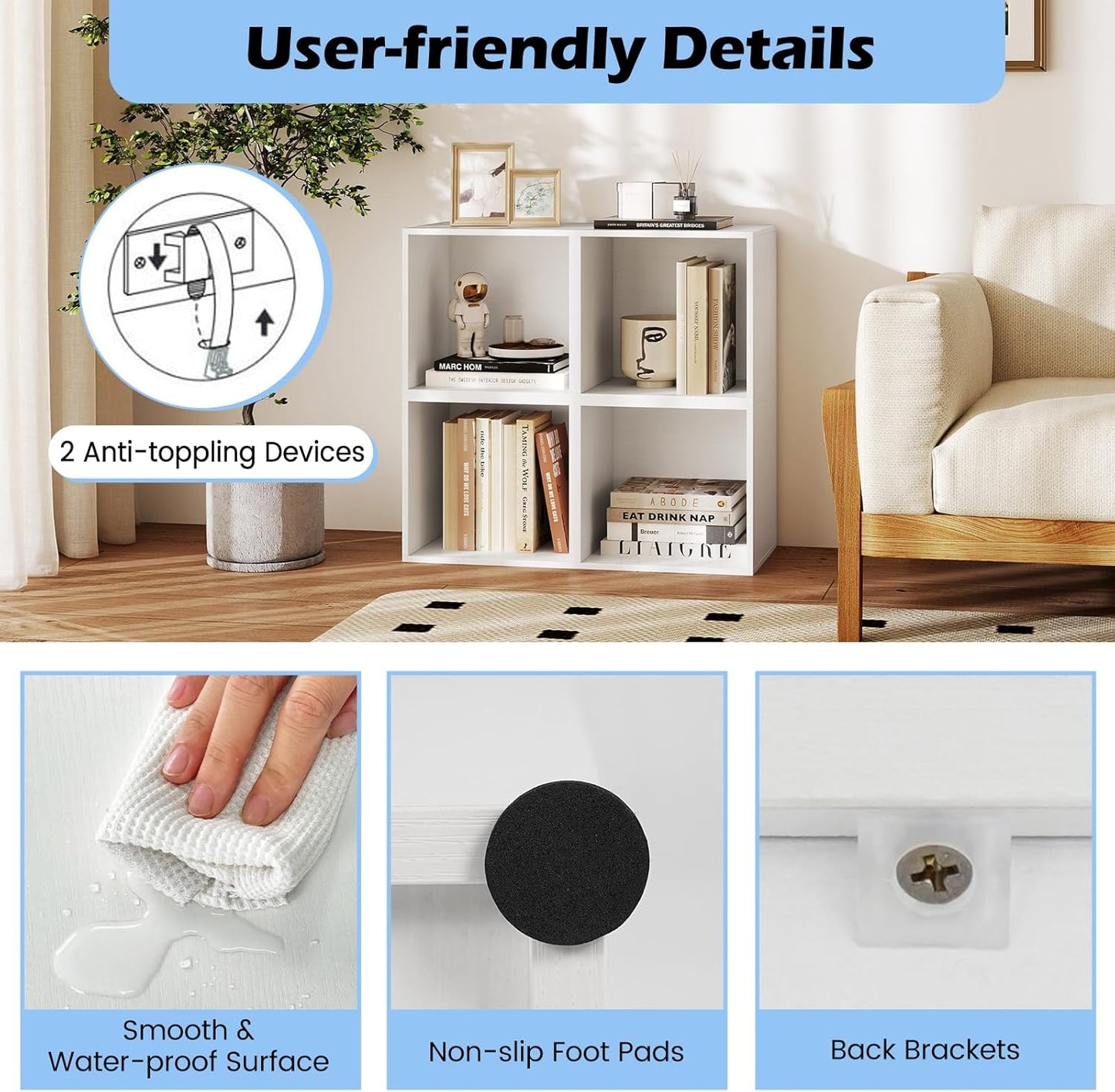 Stackable Cube Bookshelf, Modular Cubby Storage Organizer, Small Bookcase for Small Spaces, Combination Cubical Shelf, Wooden Display Shelving Unit (White, 4-Cube)