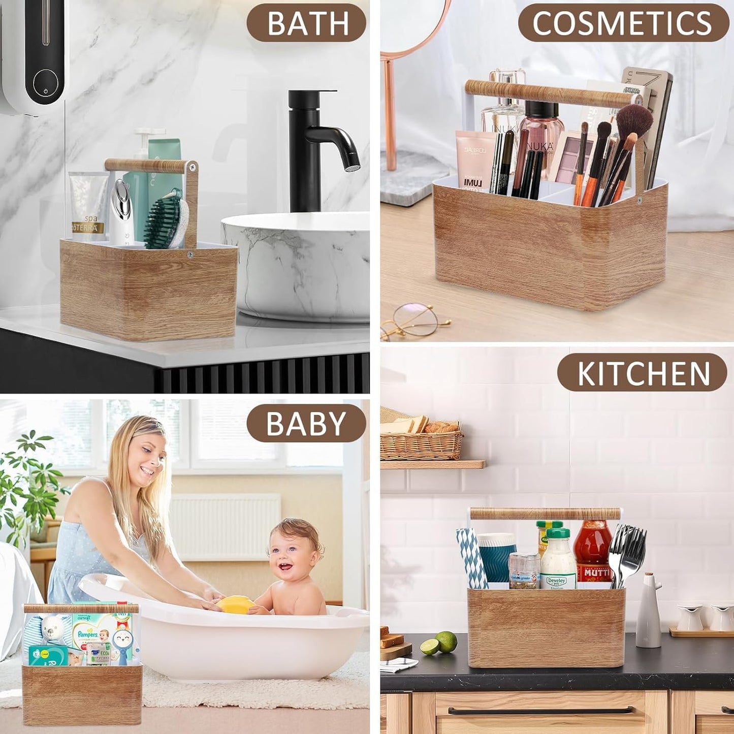 Shower Caddy Portable for College: Devided Bathroom Caddy Shower Basket for Dorm with Handle, Plastic Bathroom Counter Organizer Storage Tote Bin for Dorm,Kitchen,Cabinet, Wood Grain