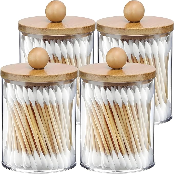 AXX Qtip Dispenser Apothecary Jars Bathroom - Qtip Holder Storage Canister Clear Plastic Jar for Cotton Swab,Q-Tips,Cotton Rounds (Bamboo 4Pcs)