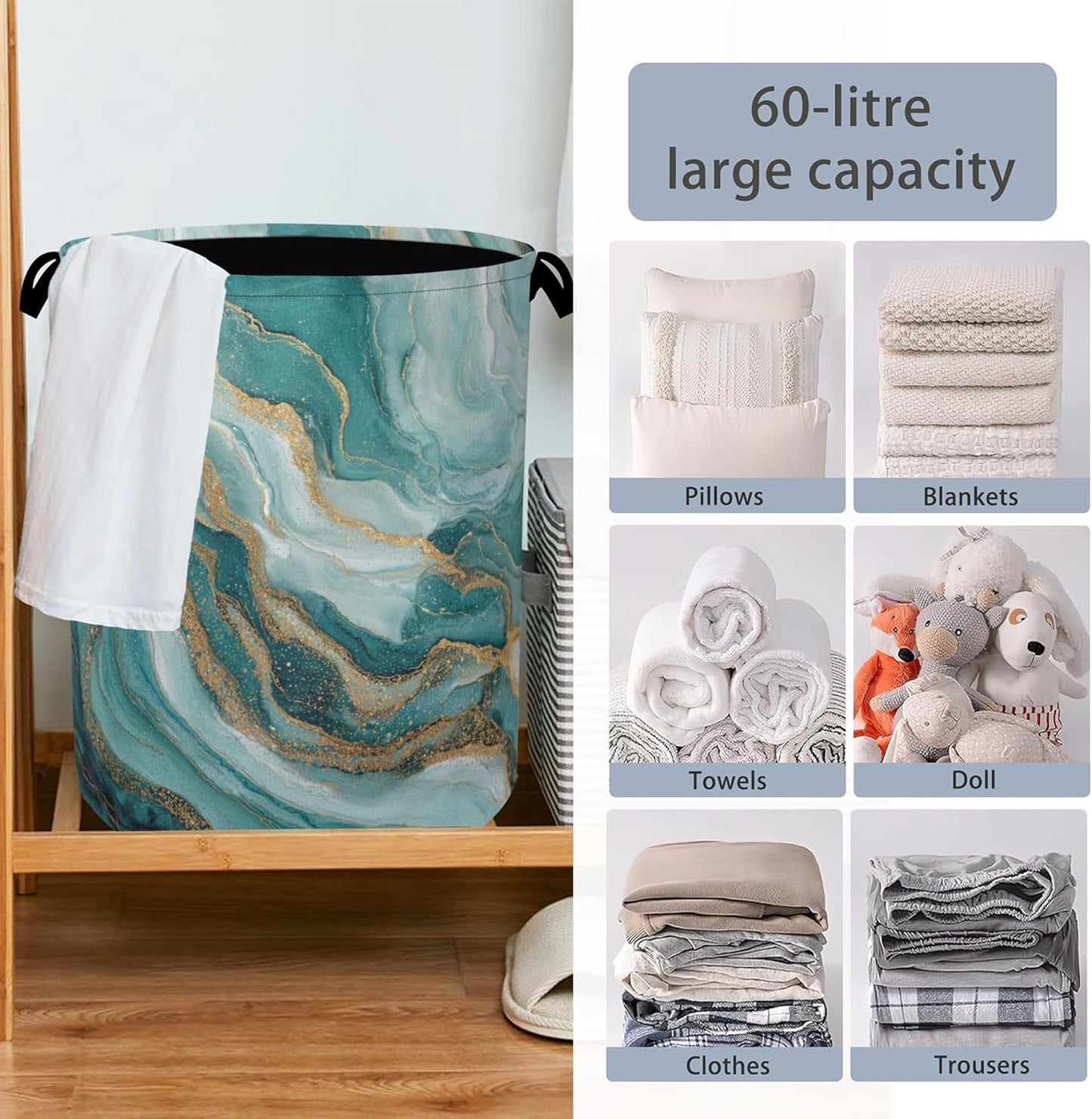 Blue Green Gold Marble Laundry Basket,Foldable with Handles Tote Bag Oxford Cloth for Bathroom Bedroom Dirty Clothes Storage Bucket 16" x 20.8"