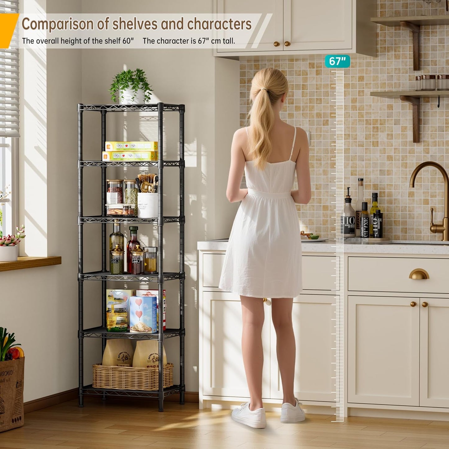 6 Tier Shelf Adjustable Storage Mesh Gaps Metal Utility Shelves Wire Shelving Unit Organizer Rack for Home Kitchen Office Bathroom Pantry Room10 D x 16" W x 60" H Black