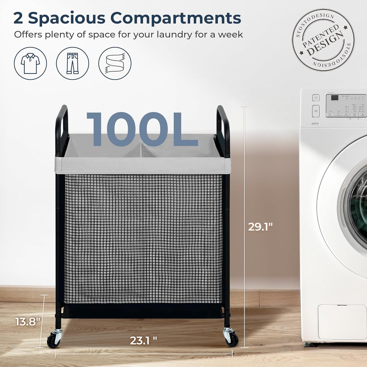 STO STO Laundry Hamper 2 Section, 100L Rolling Laundry Sorter Cart with Removable and Washable Liner Bag, Rolling Clothes Hamper with Metal Handle for Laundry Room and Bedroom, Gray