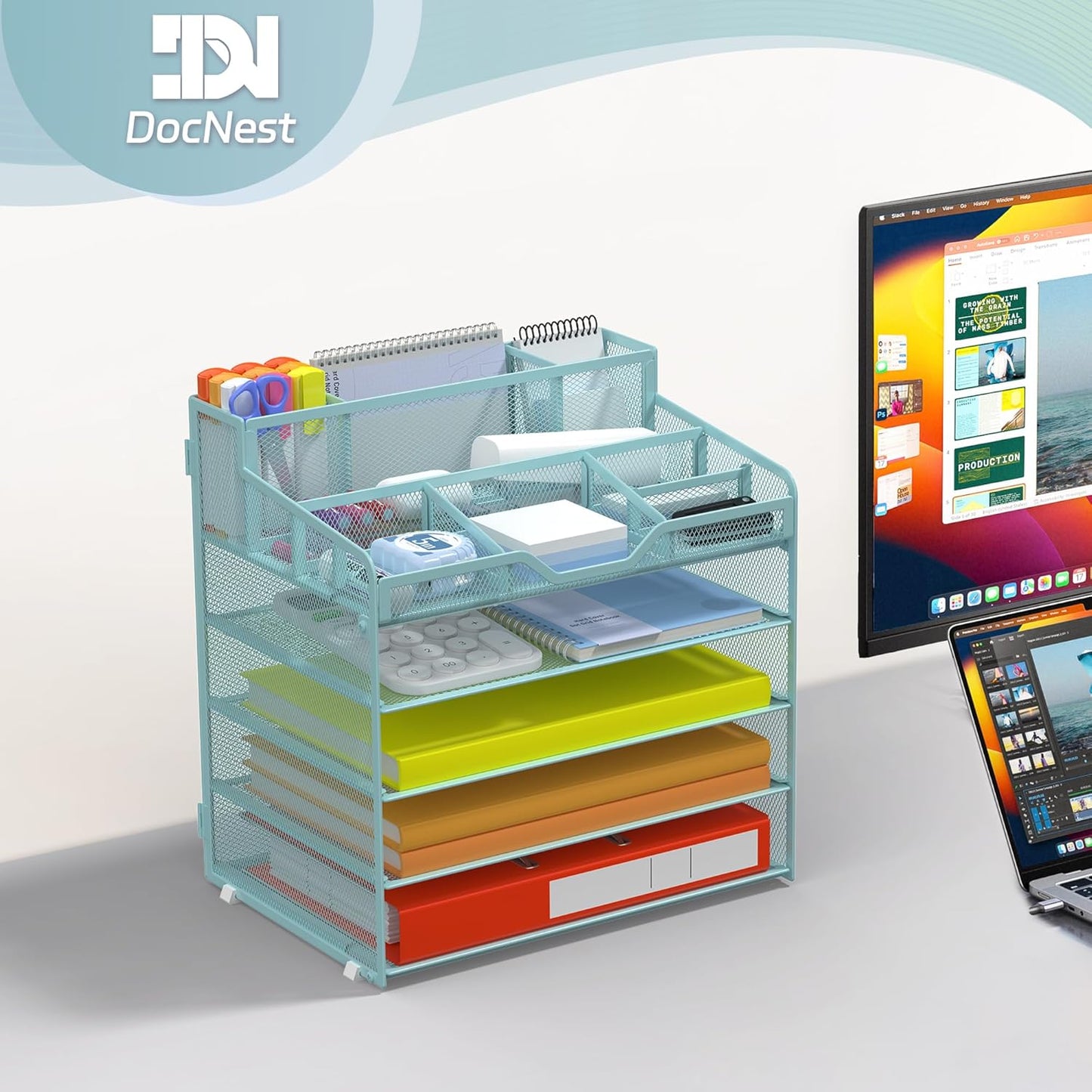 Docnest 5 Tier Mesh Desk Organizer for Paper Office Supplies – Multi-Functional Letter Tray with 5 Adjustable Compartments, 3 Pen Holders, Desktop Storage for Files, Mail, Stationery – Blue