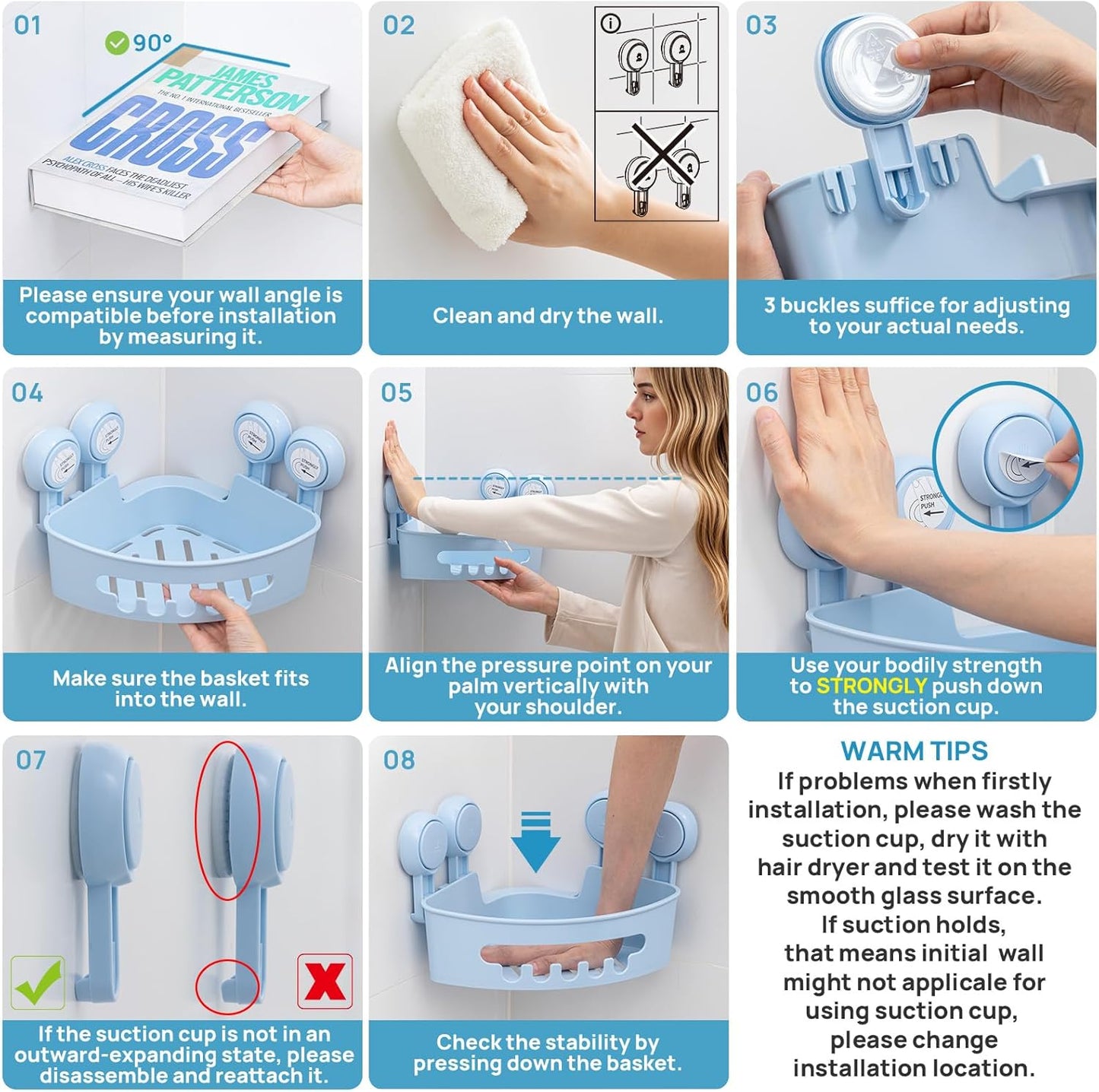 LEVERLOC Corner Shower Caddy Suction Cup, Shower Caddy Basket Powerful Suction Bathroom, Waterproof & Rustproof Organizer for Bathroom Storage, No-Drilling Removable (Blue)