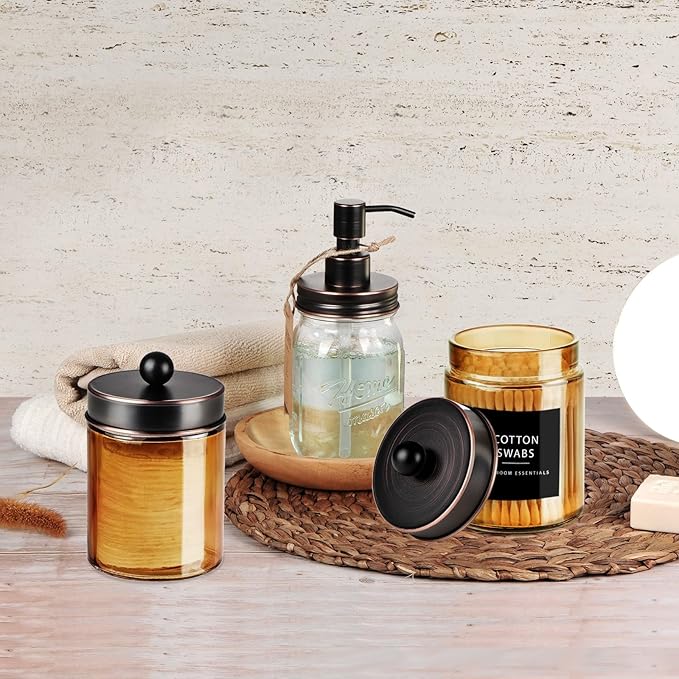 Amolliar Amber Bronze Glass Apothecary Jar With Metal Lid & Labels, Bathroom Qtip Holder Dispenser Storage Canister, Perfect for Cotton Balls, Cotton Swabs, Makeup Pads, Bath Salt, Floss, 4 Pack (ORB)