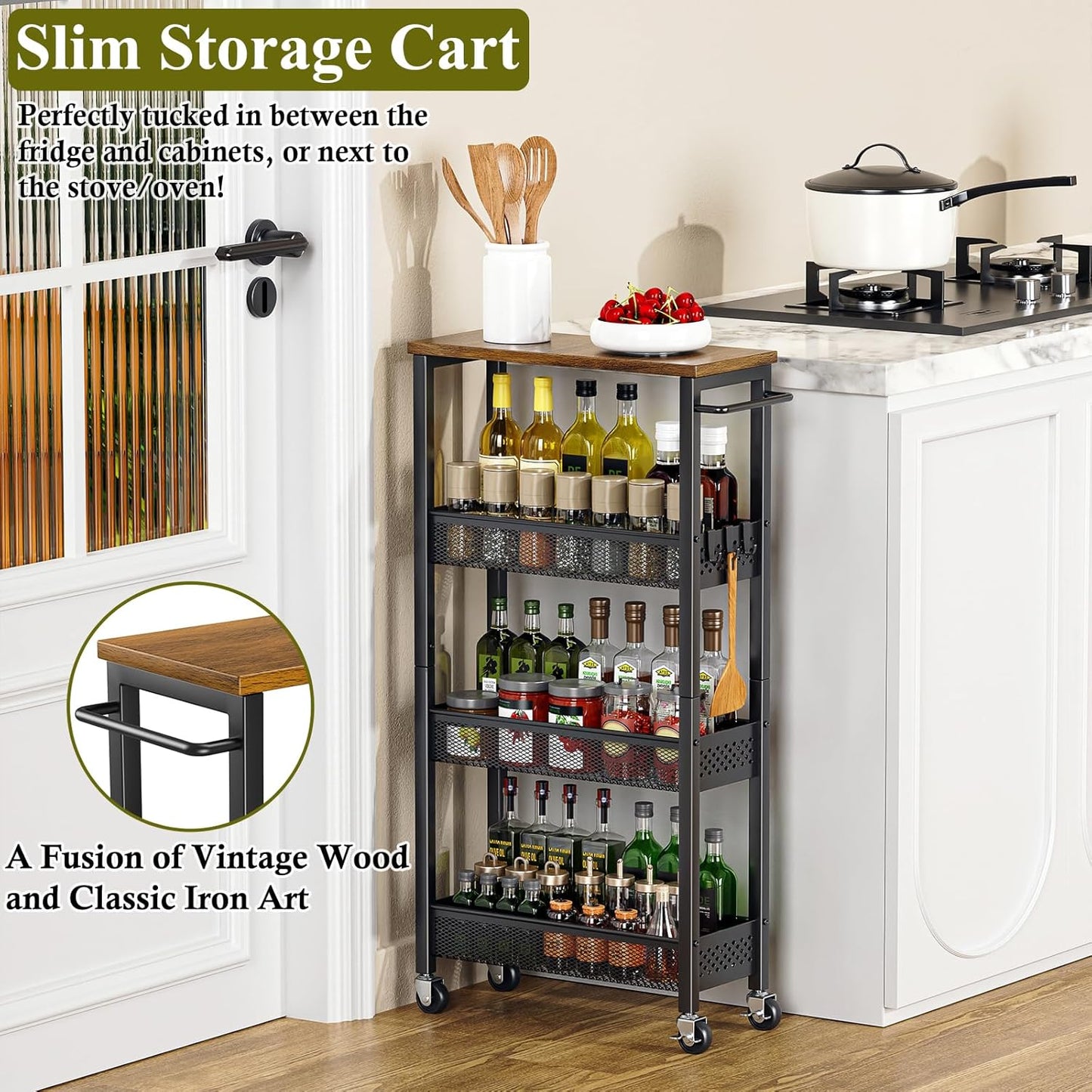 Utility Slim Storage Cart, 4 Tier Small Rolling Kitchen Laundry Room Cart with Wood Top, Metal Narrow Bathroom Storage Cabinet Mobile Shelf Unit Organizer Trolley with Handle for Narrow Space