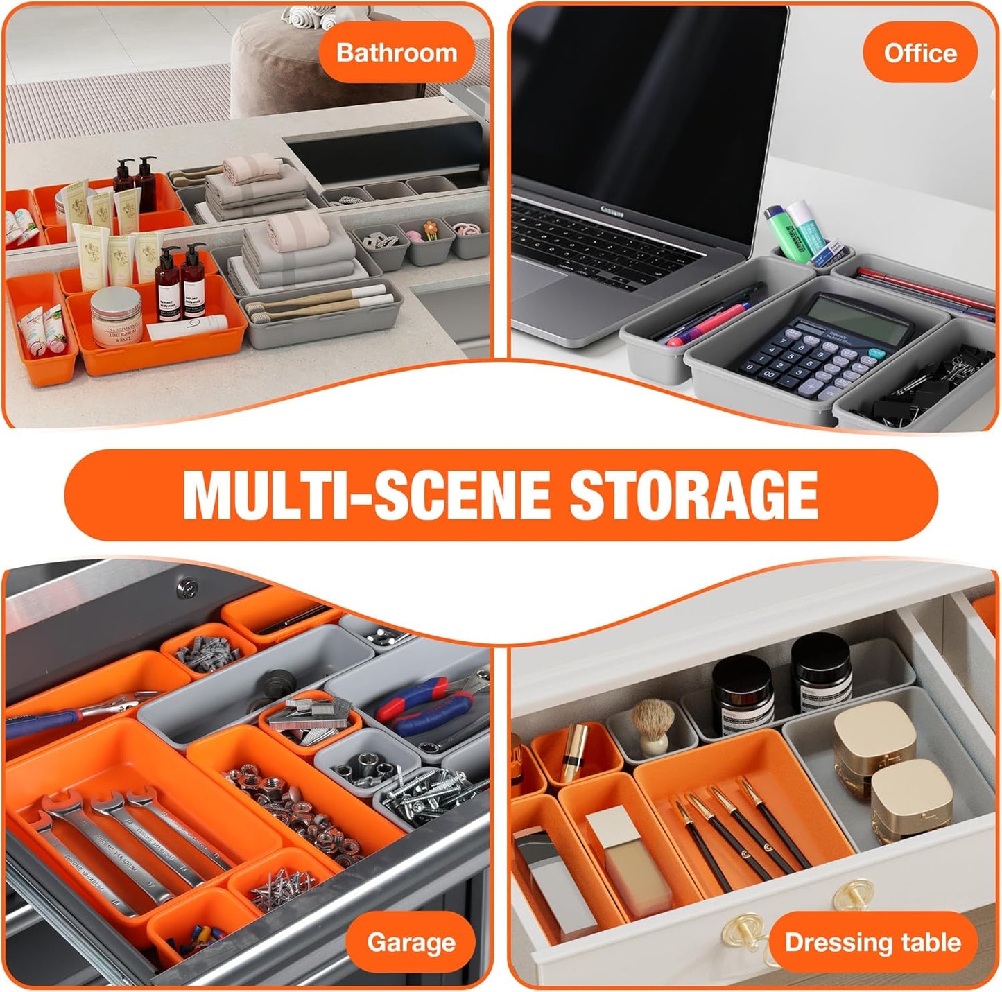 ValueMax 21 PCS Desk Drawer Organizer Set, PP Material Interlocking Drawer Organizer Bins for Office, Vanity, Garage and Bathroom, Non-Silp and Two-Tone Stackable Design, Orange & Gray