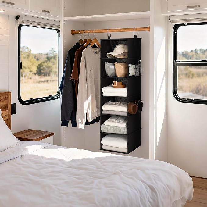 StorageWorks 6-Shelf Hanging Closet Organizers, Foldable Closet Storage Organizer with 2 Side Pockets, Portable Hanging Shelves for Wardrobe, Kid's Rooms, Dorms, RVs, 12" D x 12" W x 47 1⁄2" H, Black