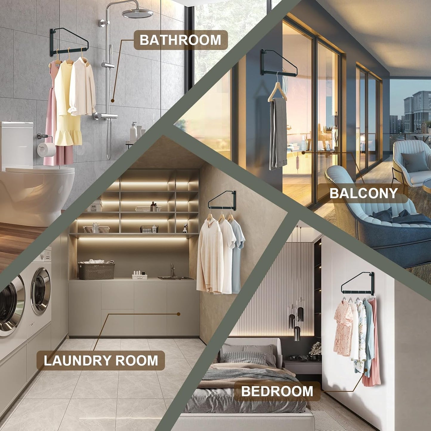 NEWRAIN Folding Clothes Hanger Rack, Wall Mounted Laundry Racks for Drying Clothes,Swing Clothing Hanging System Drying Closet Storage Organizer Black