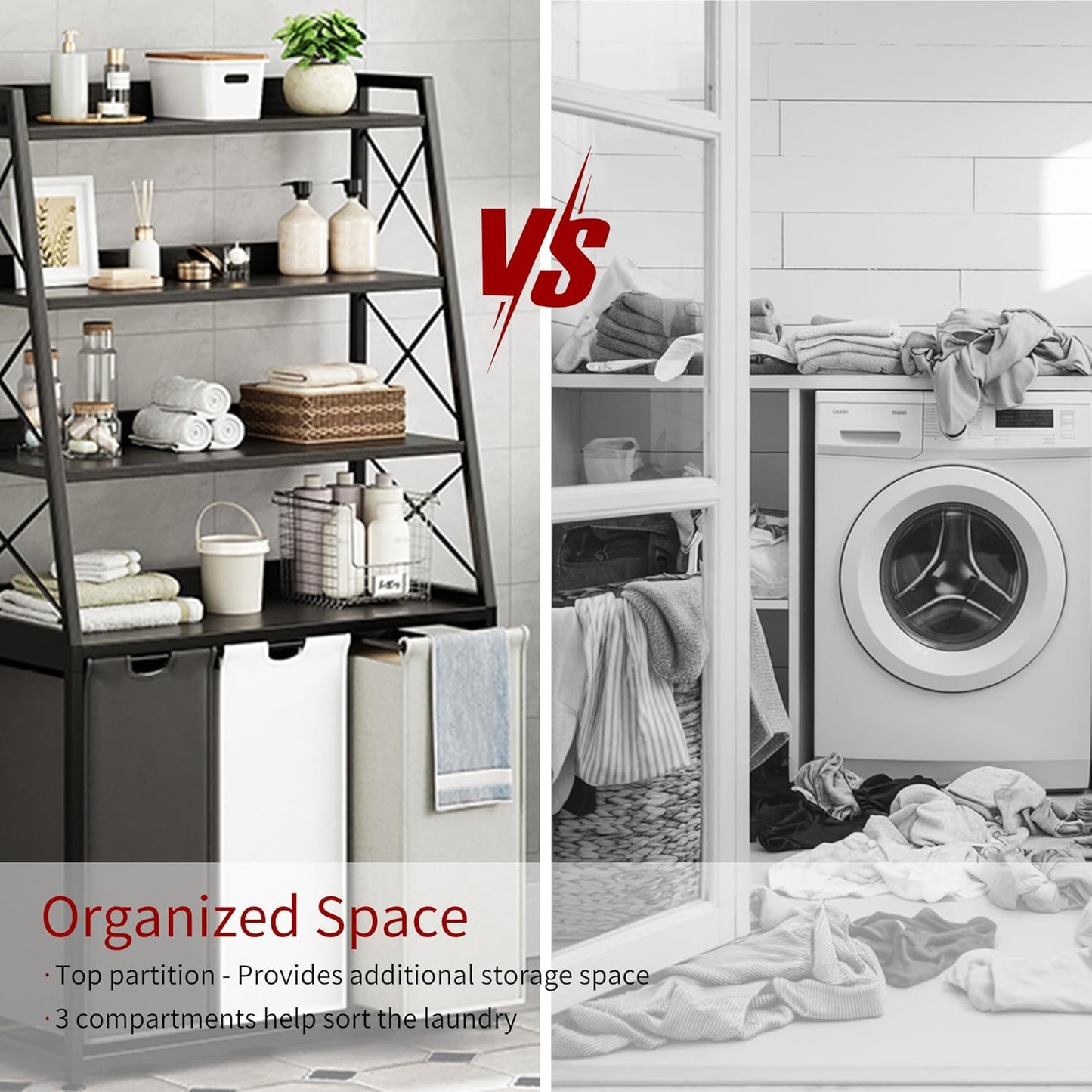 Laundry Basket, 3 Section Laundry Hamper with 4 Tiers Shelf, Pull-Out and Removable Laundry Bags, Large 3 x 15.87 Gallons, for Laundry Room Bathroom Black PF05XLK