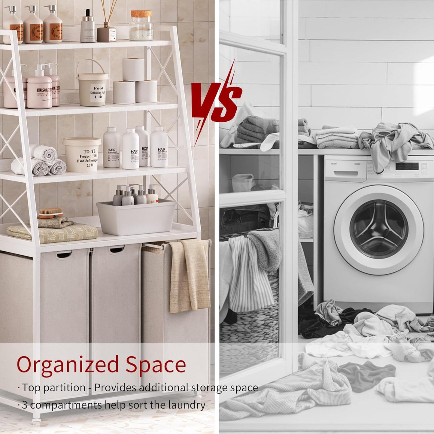 Laundry Basket, 3 Section Laundry Hamper with 4 Tiers Shelf, Pull-Out and Removable Laundry Bags, Large 3 x 15.87 Gallons, for Laundry Room Bathroom White PF05XLW