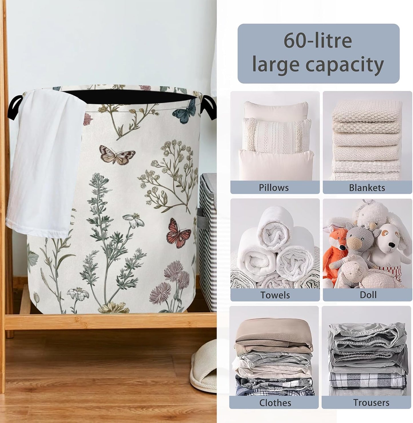 Wildflowers Butterfly Laundry Basket,Herb Plants Oxford Cloth Laundry Hamper with Handle Foldable Portable Clothes Storage Basket for Bathroom Bedroom Dorm Room 16" x 20.8"