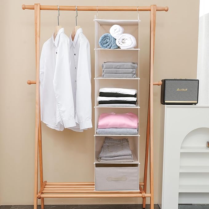 Large Hanging Sweater Organizer for Closet,Collapsible 6-Shelf Hanging Closet Shelves with Drawers, Washable (Beige -6 Shelf-1 d)