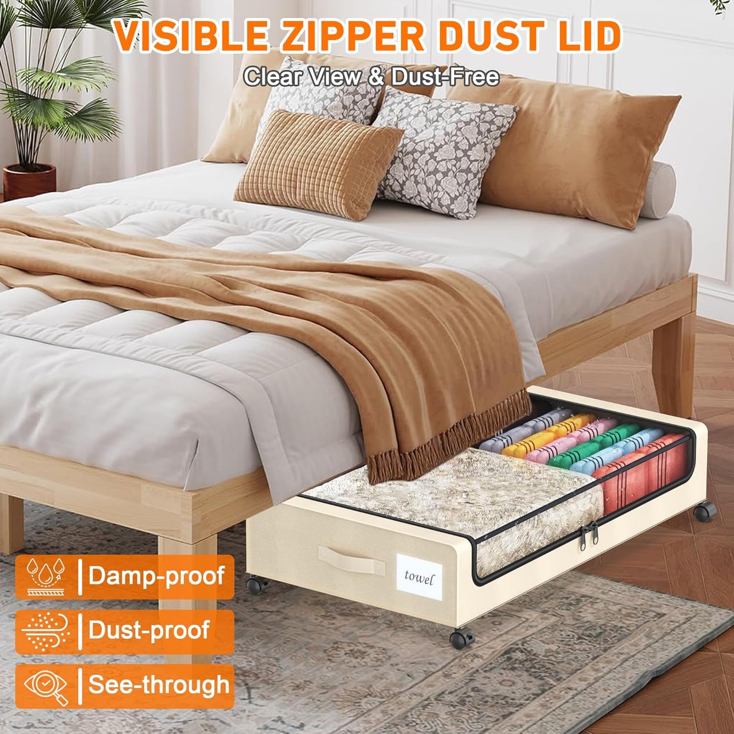 Under Bed Storage with Wheels, 2-Pack Under Bed Storage Containers with Clear Lids, XXL 60L Under the bed storage Organizer Bins, Rolling Under Bed Metal Drawer for Clothes,Shoes,Toys (White, 2 Pack)