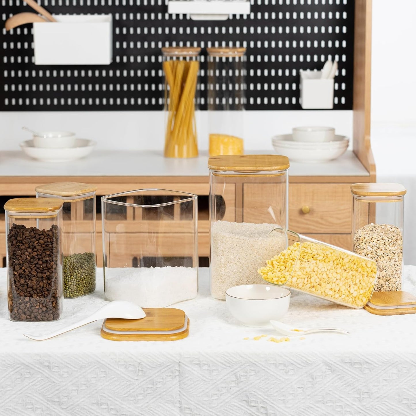 156oz Airtight Glass Square Storage Canister with Bamboo Lid Set of 2(4600ml*2) Large Gallon Glass Jars for Sugar, Flour, Cookies and Coffee beans (with Black Lable)