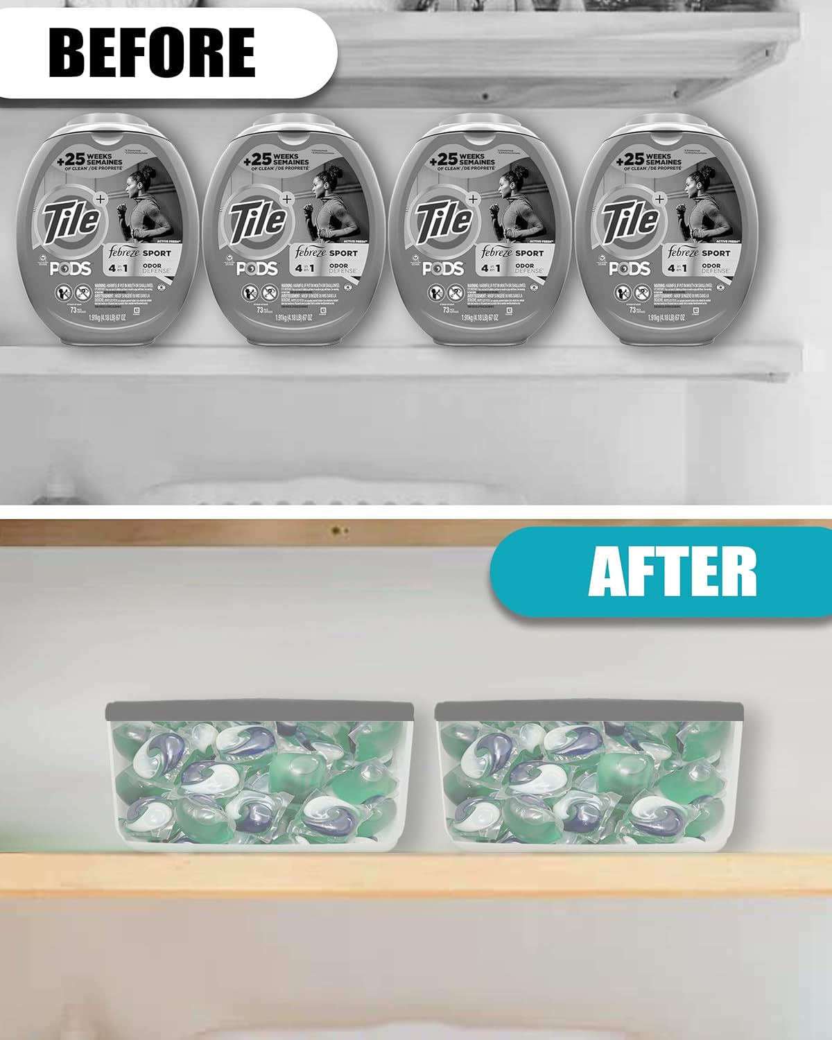 TidyFriend Laundry Pods Container with Slide Lid, 15"x8.7"x4.5", Airtight Storage Keeps Pods Fresh, Holds 9–10 lbs or 100–130 Pods, Laundry Detergent Container & Dishwasher Pod Holder (Clear & Grey)