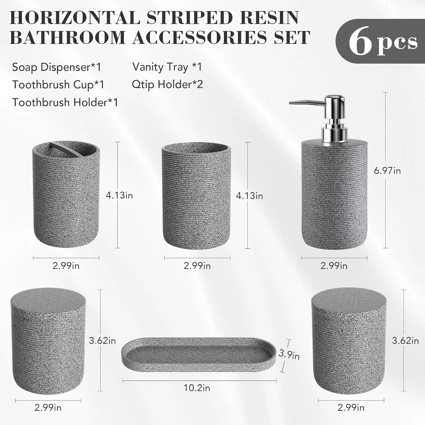 6-Piece Bathroom Accessory Set Resin, Gray Bath Accessories Complete with Toothbrush Holder, Lotion Soap Dispenser, 2 Qtip Holders,Vanity Tray,Bathroom Tumbler - Countertop Vanity Organizer